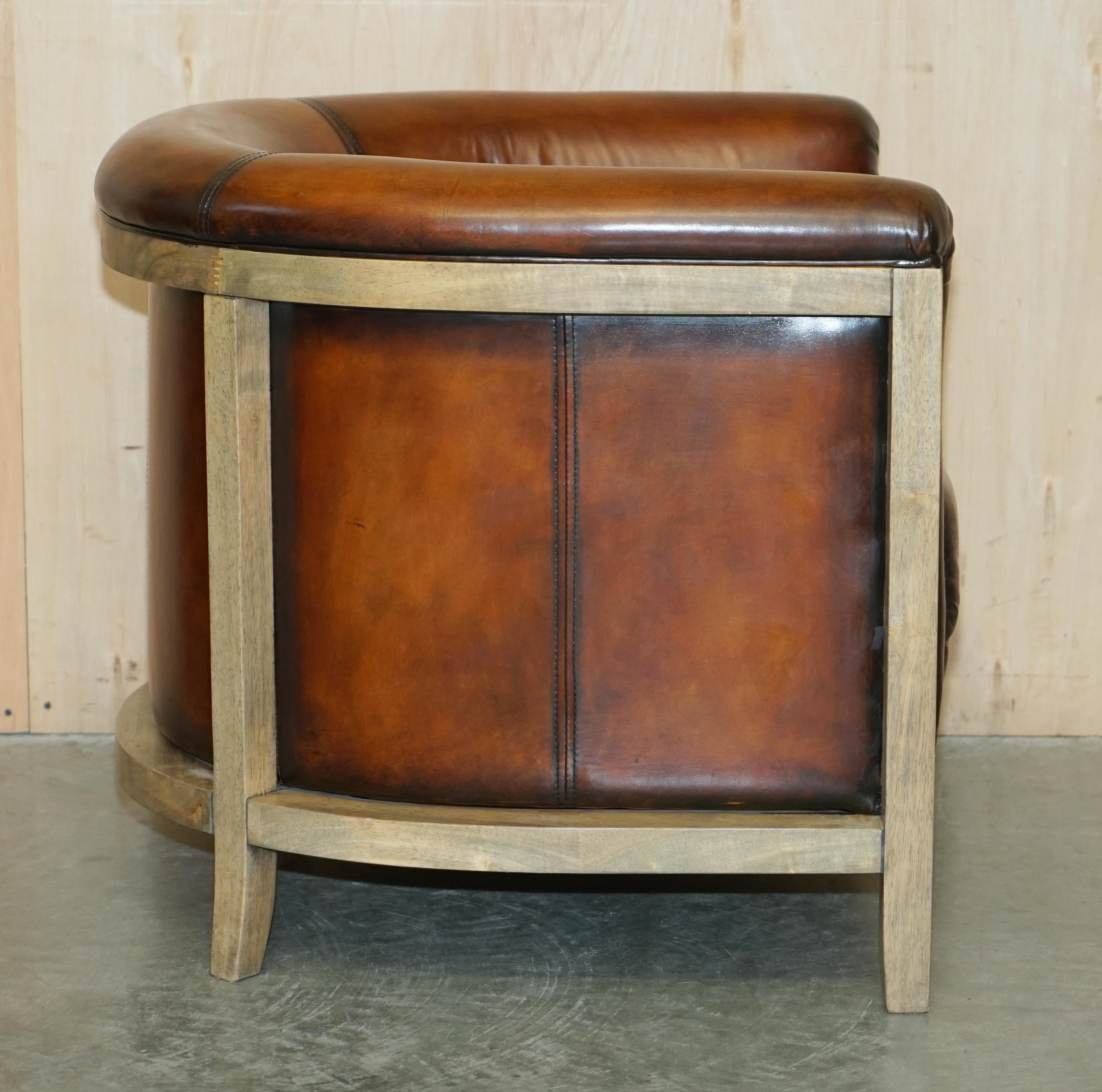 PAIR OF FULLY RESTORED STiTCHED BROWN LEATHER LIMED OAK TUB / CLUB ARMCHAIRS For Sale 4