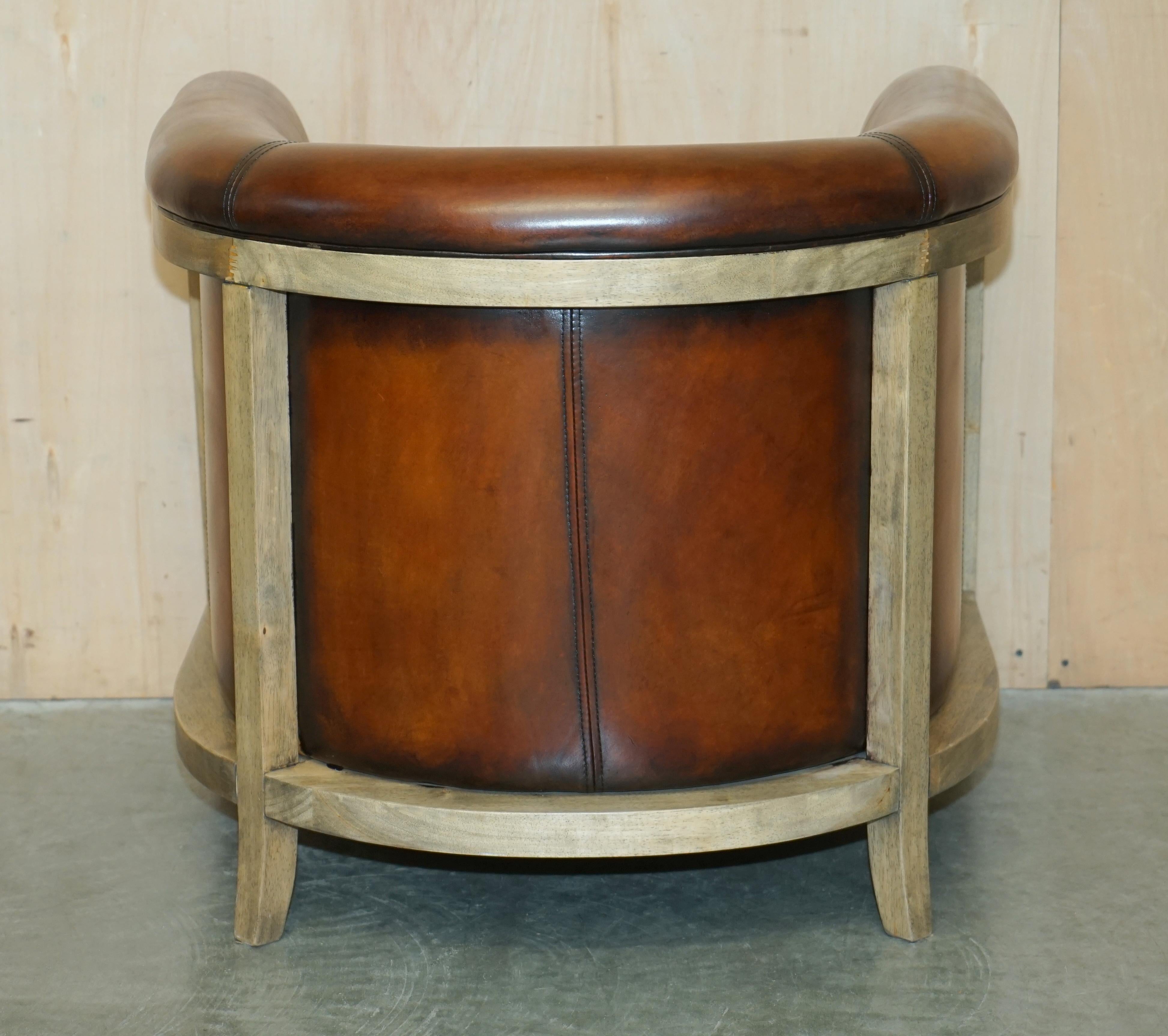 PAIR OF FULLY RESTORED STiTCHED BROWN LEATHER LIMED OAK TUB / CLUB ARMCHAIRS For Sale 5
