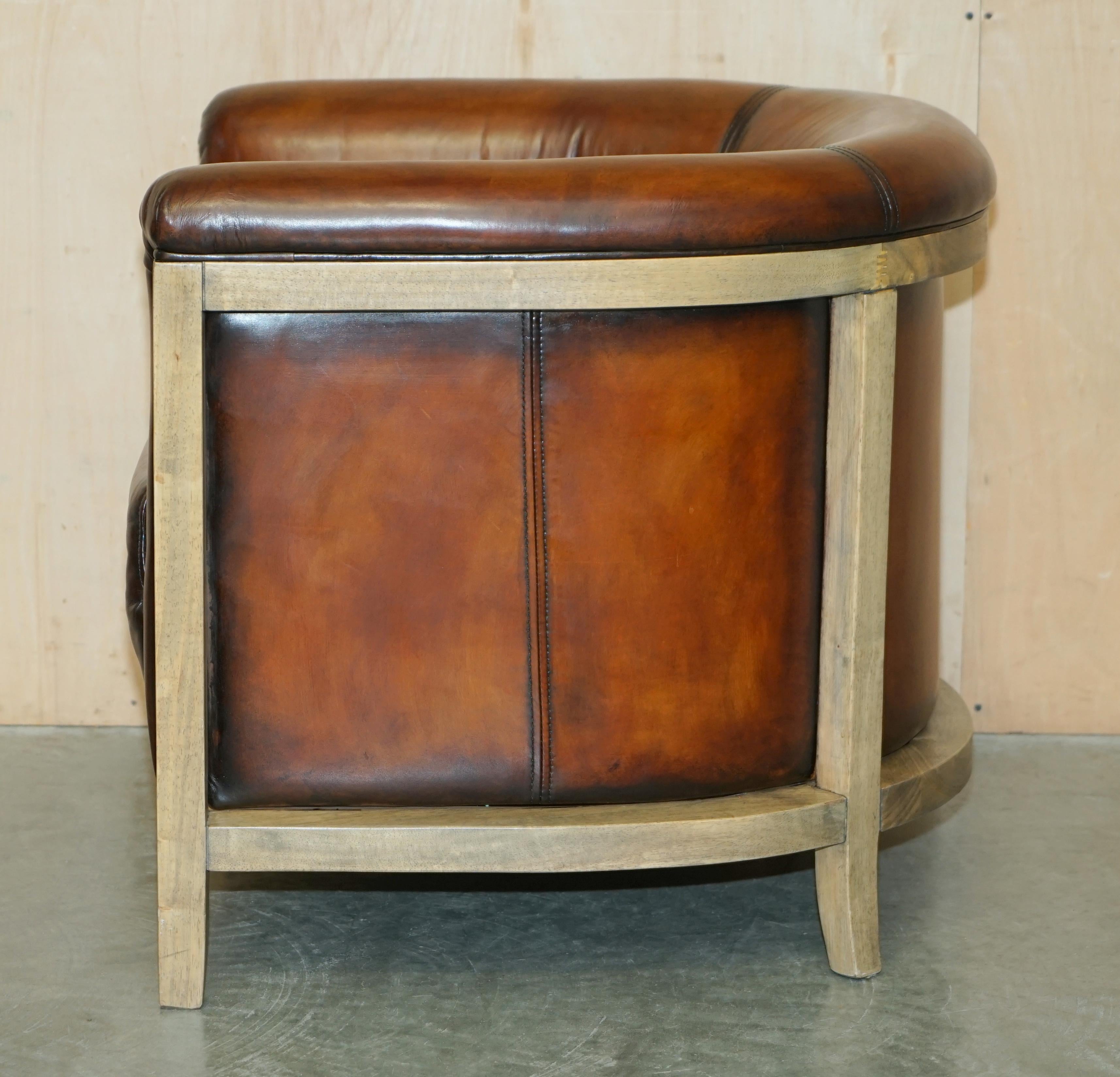 PAIR OF FULLY RESTORED STiTCHED BROWN LEATHER LIMED OAK TUB / CLUB ARMCHAIRS For Sale 6