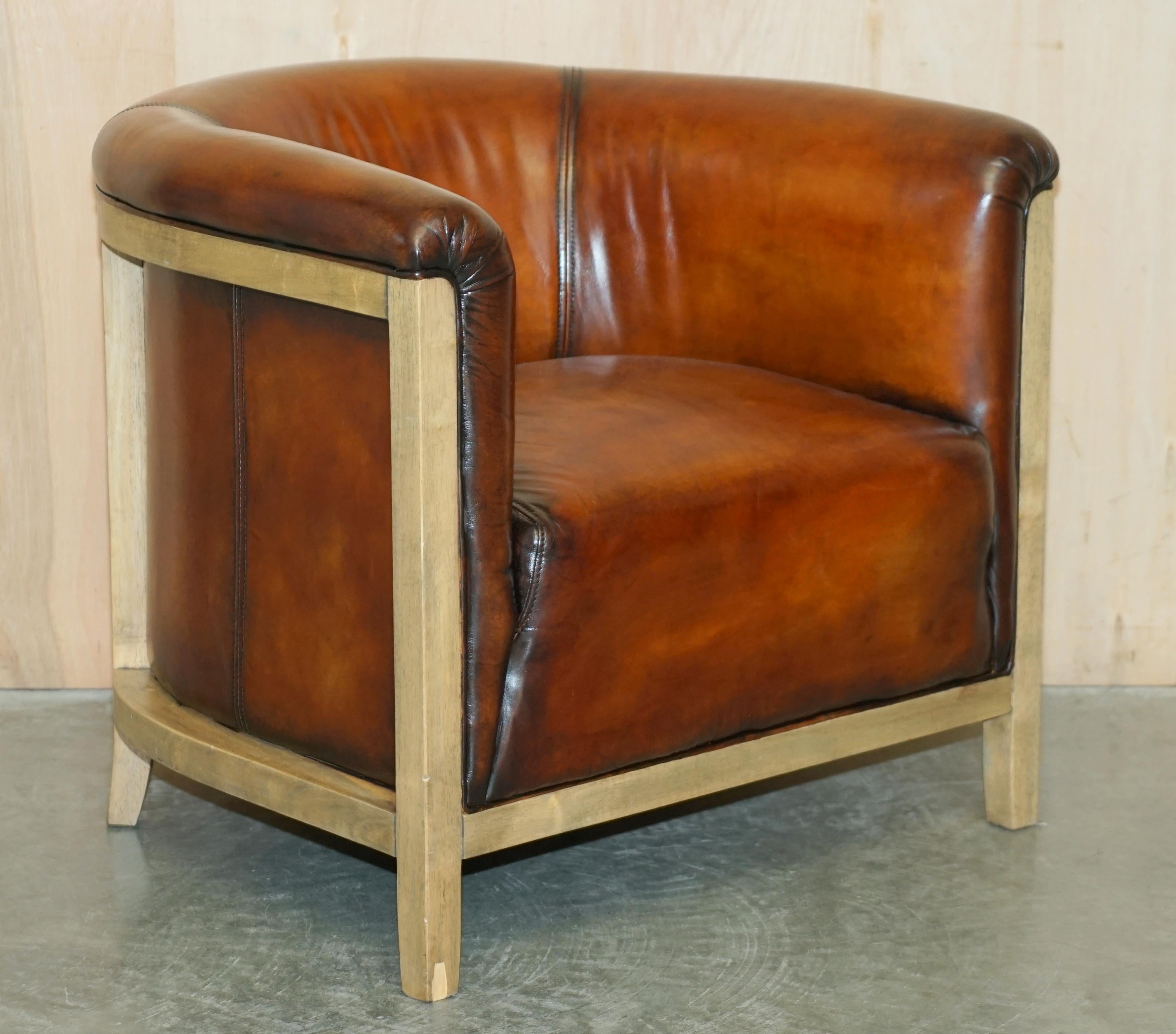 AIR OF FULLY RESTORED STiTCHED BROWN LEATHER LIMED OAK TUB / CLUB ARMCHAIRS im Angebot 7