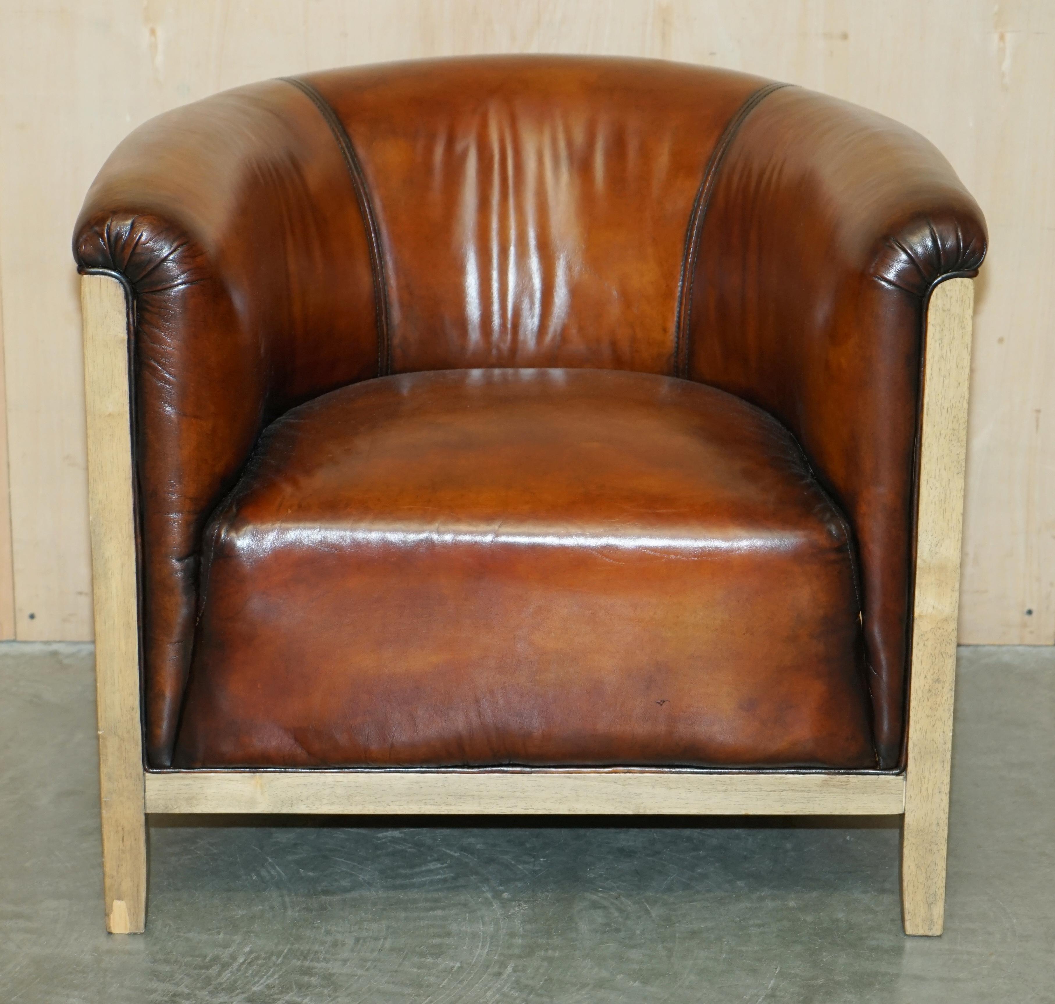 AIR OF FULLY RESTORED STiTCHED BROWN LEATHER LIMED OAK TUB / CLUB ARMCHAIRS im Angebot 8