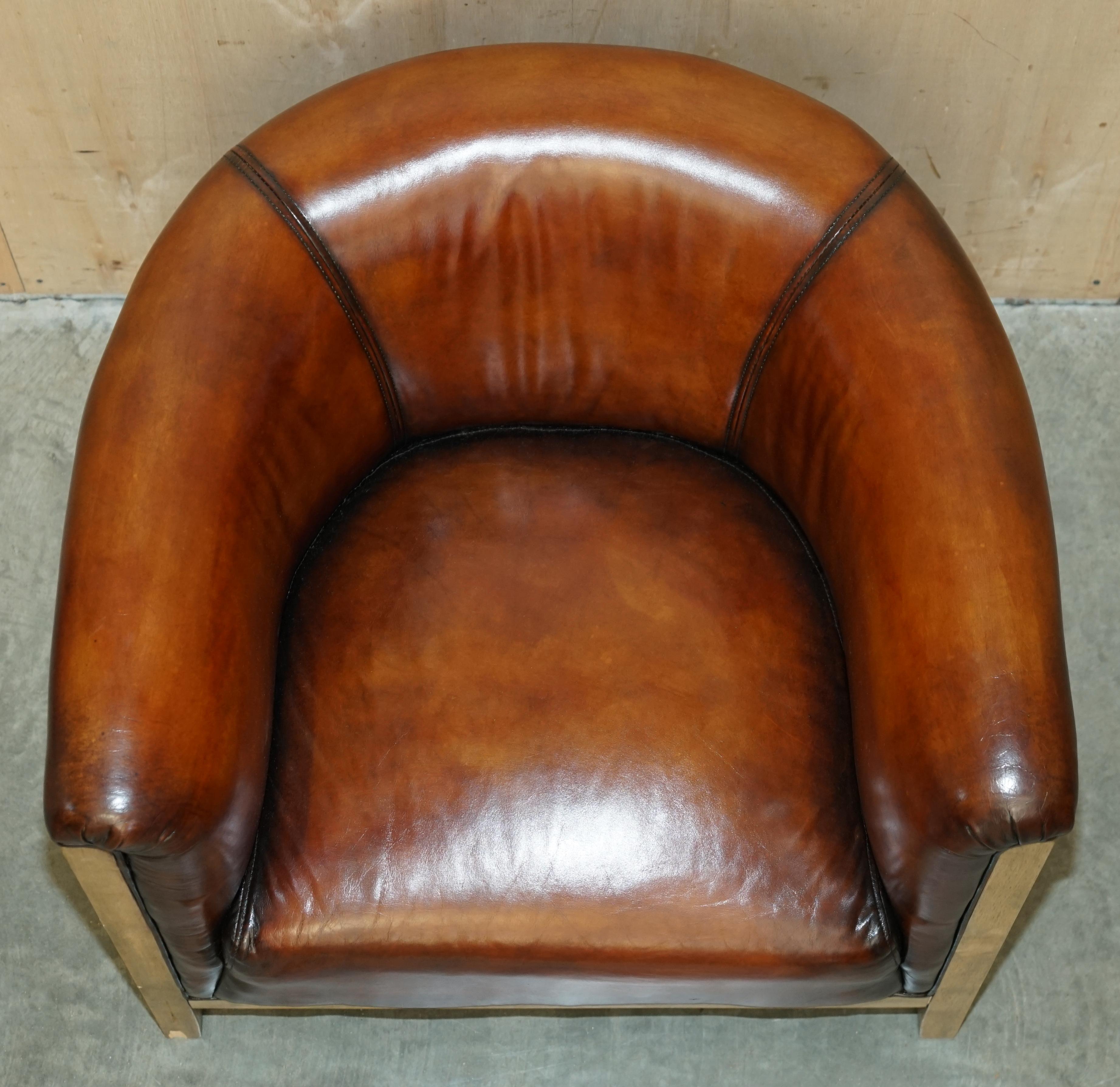 AIR OF FULLY RESTORED STiTCHED BROWN LEATHER LIMED OAK TUB / CLUB ARMCHAIRS im Angebot 9