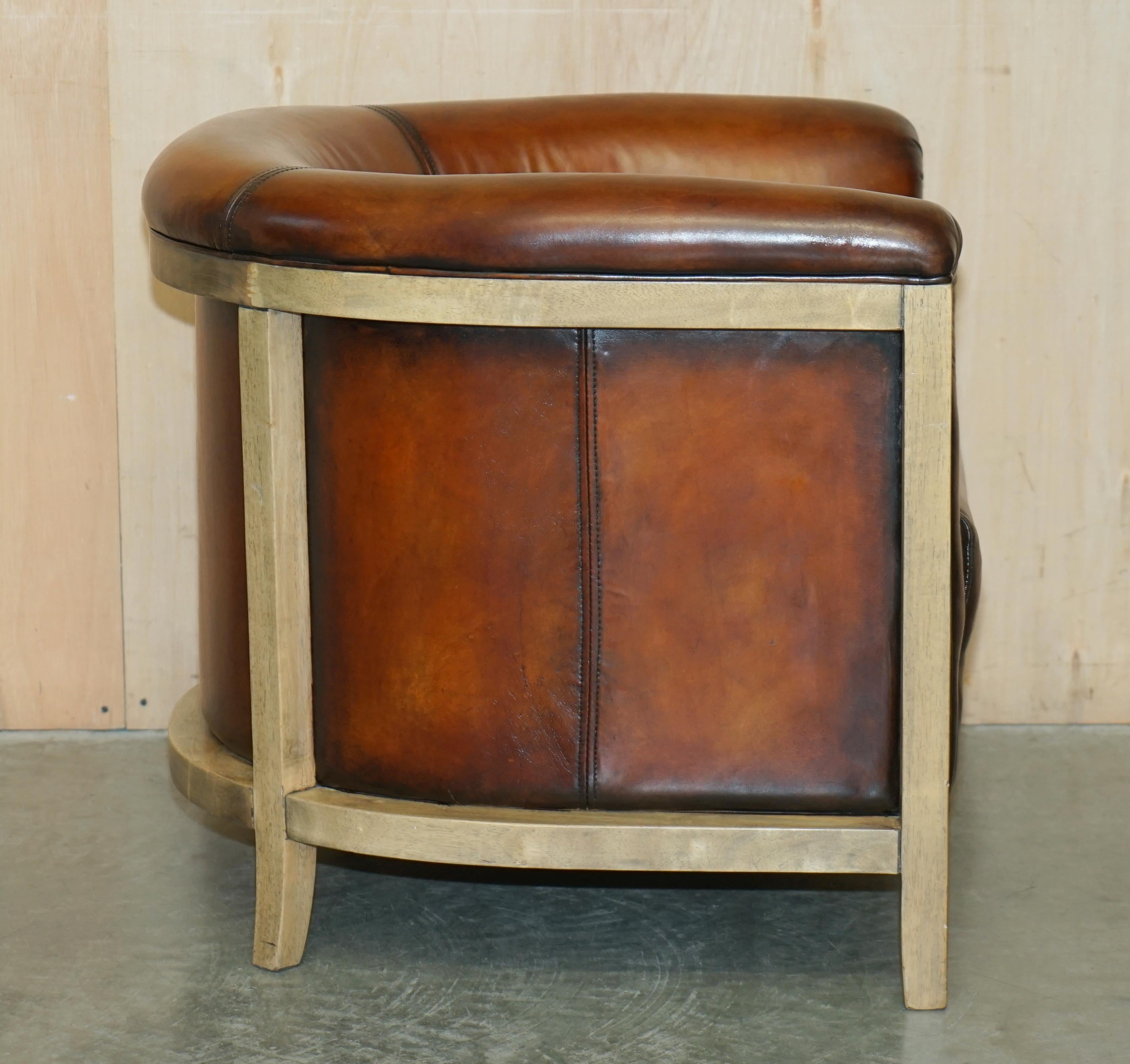 PAIR OF FULLY RESTORED STiTCHED BROWN LEATHER LIMED OAK TUB / CLUB ARMCHAIRS For Sale 11