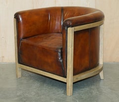 PAIR OF FULLY RESTORED STiTCHED BROWN LEATHER LIMED OAK TUB / CLUB ARMCHAIRS