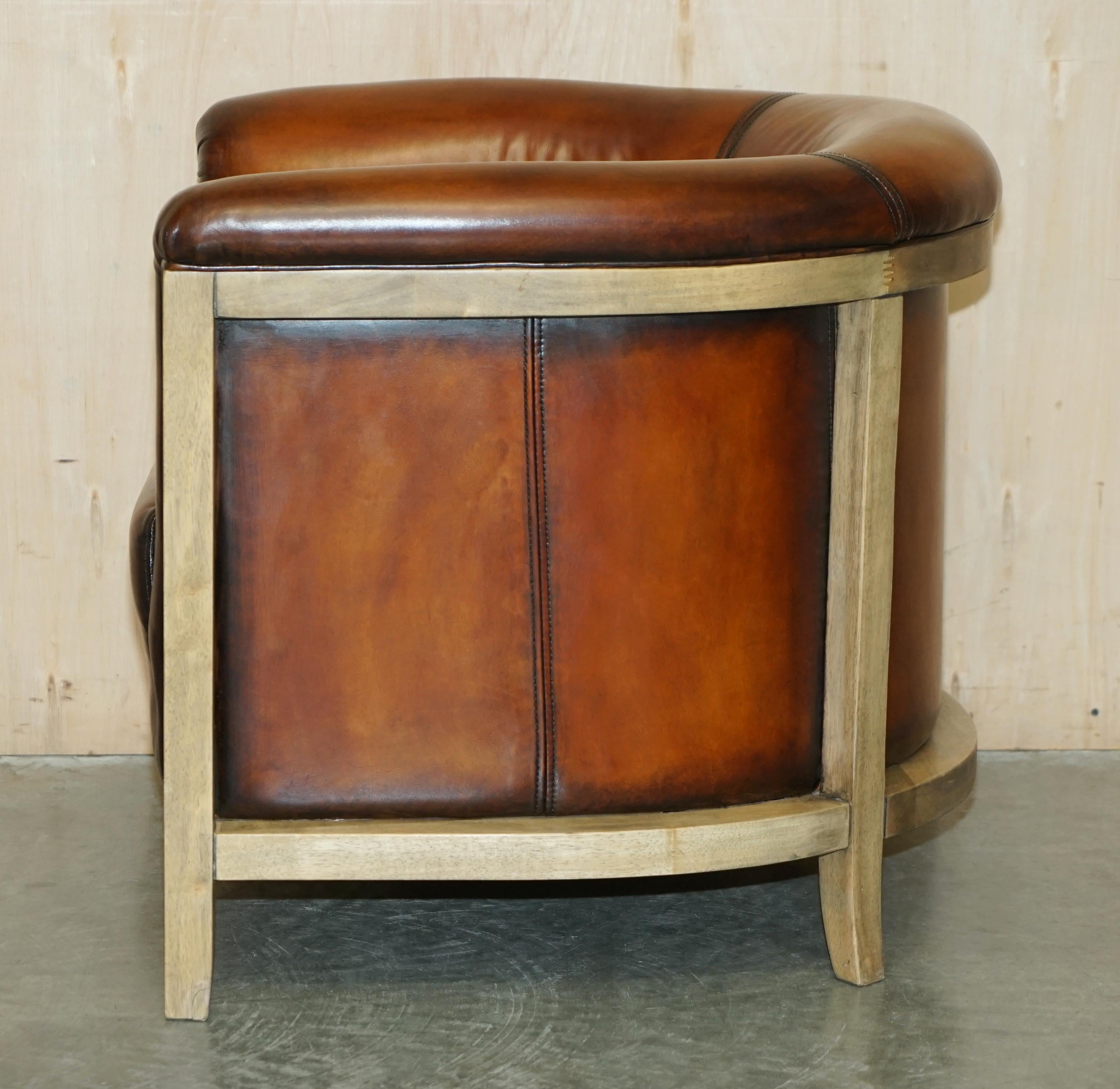 PAIR OF FULLY RESTORED STiTCHED BROWN LEATHER LIMED OAK TUB / CLUB ARMCHAIRS For Sale 13