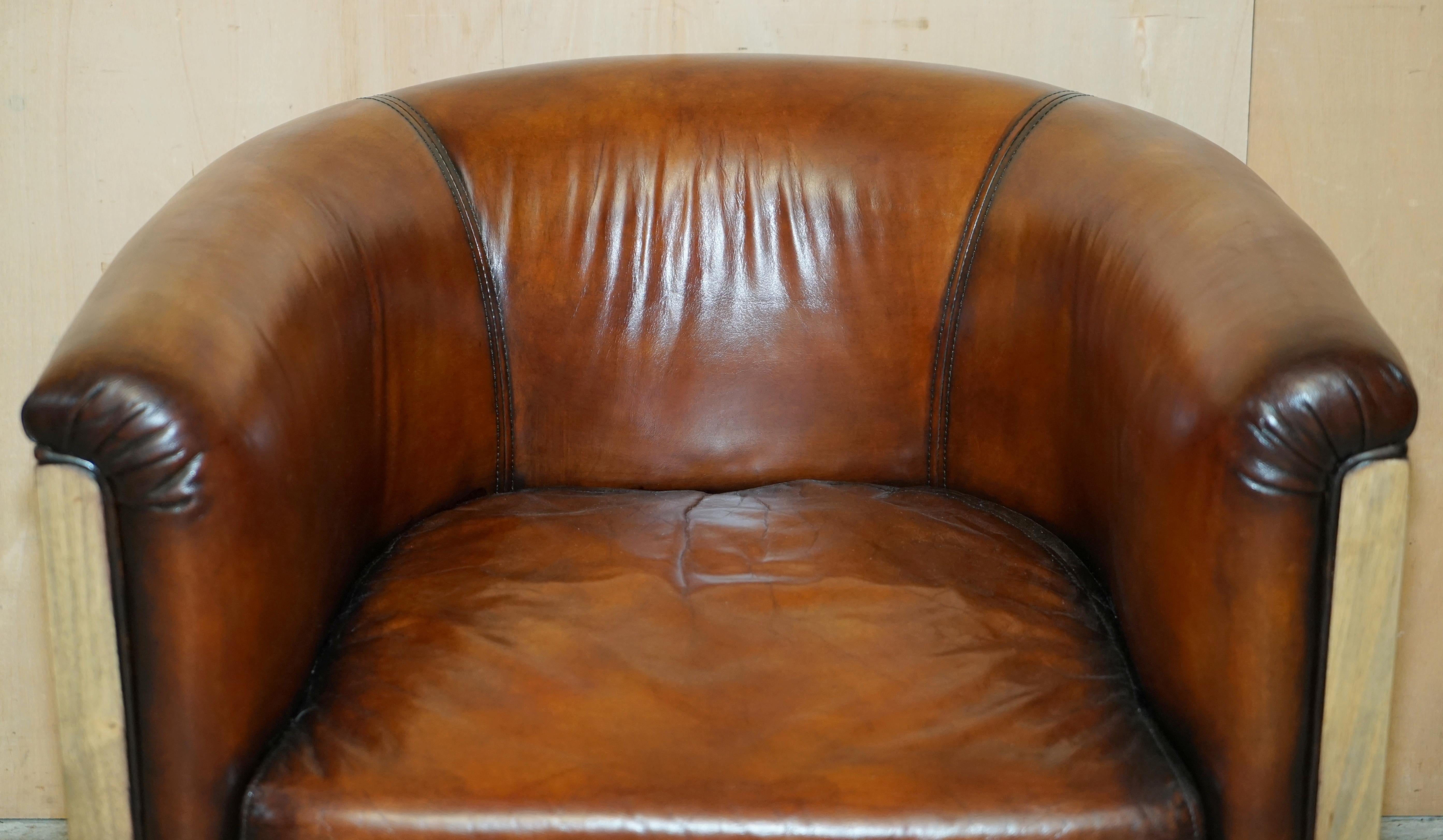 AIR OF FULLY RESTORED STiTCHED BROWN LEATHER LIMED OAK TUB / CLUB ARMCHAIRS (Englisch) im Angebot