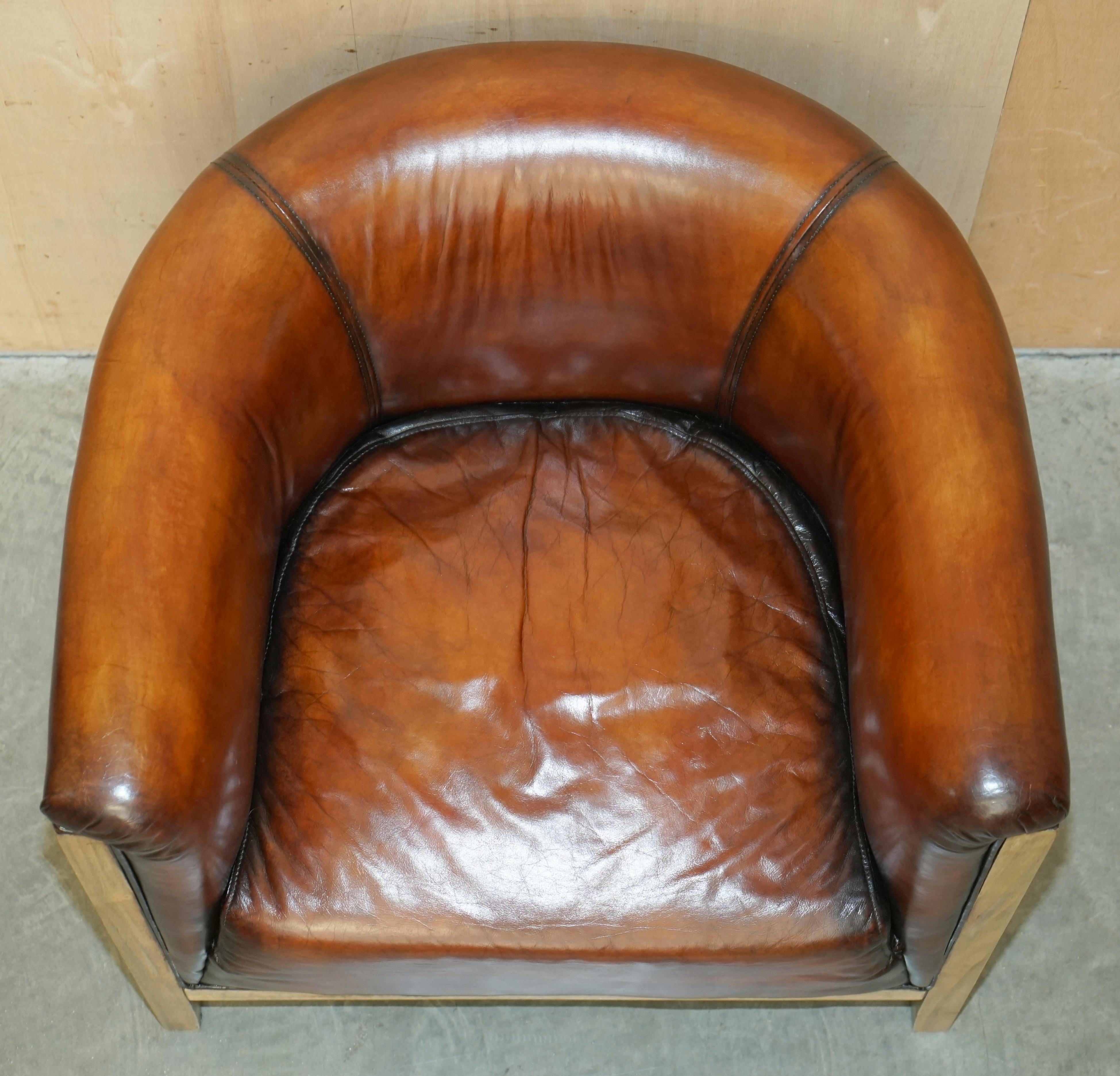PAIR OF FULLY RESTORED STiTCHED BROWN LEATHER LIMED OAK TUB / CLUB ARMCHAIRS For Sale 2