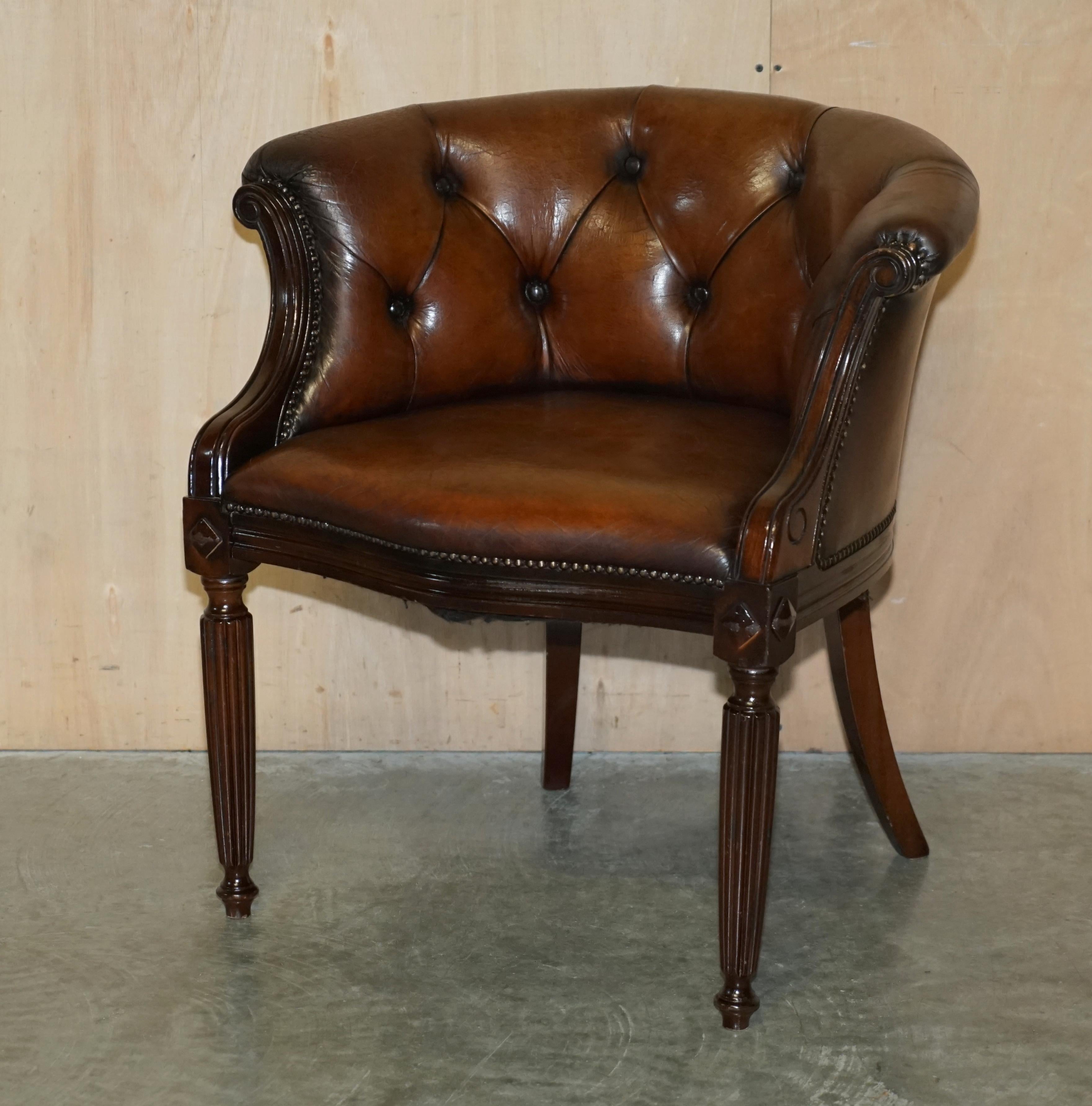 We are delighted to offer for sale this lovely pair of fully restored hand dyed cigar brown leather Chesterfield tub armchairs 

A very good looking and comfortable pair of armchairs, I have some more which are going through the restoration
