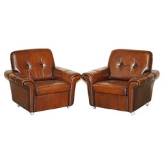 Pair of Fully Restored Vintage Dutch Mid-Century Modern Brown Leather Armchairs