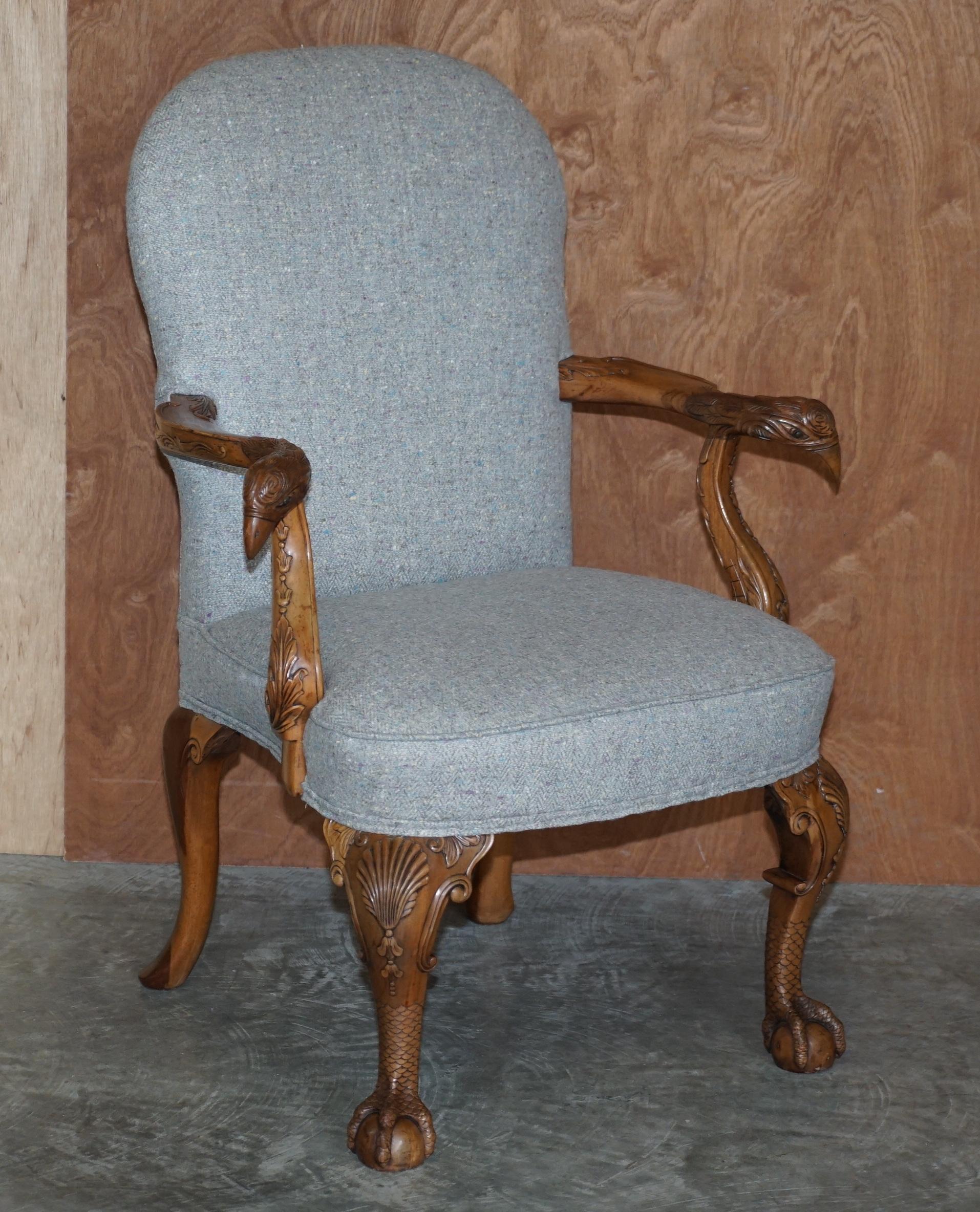 Pair of Fully Restored Vintage Eagle Armed Claw & Ball Feet Throne Armchairs For Sale 7