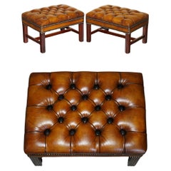 PAiR OF FULLY RESTORED VINTAGE HAND DYED BROWN LEATHER CHESTERFIELD FOOTSTOOLS