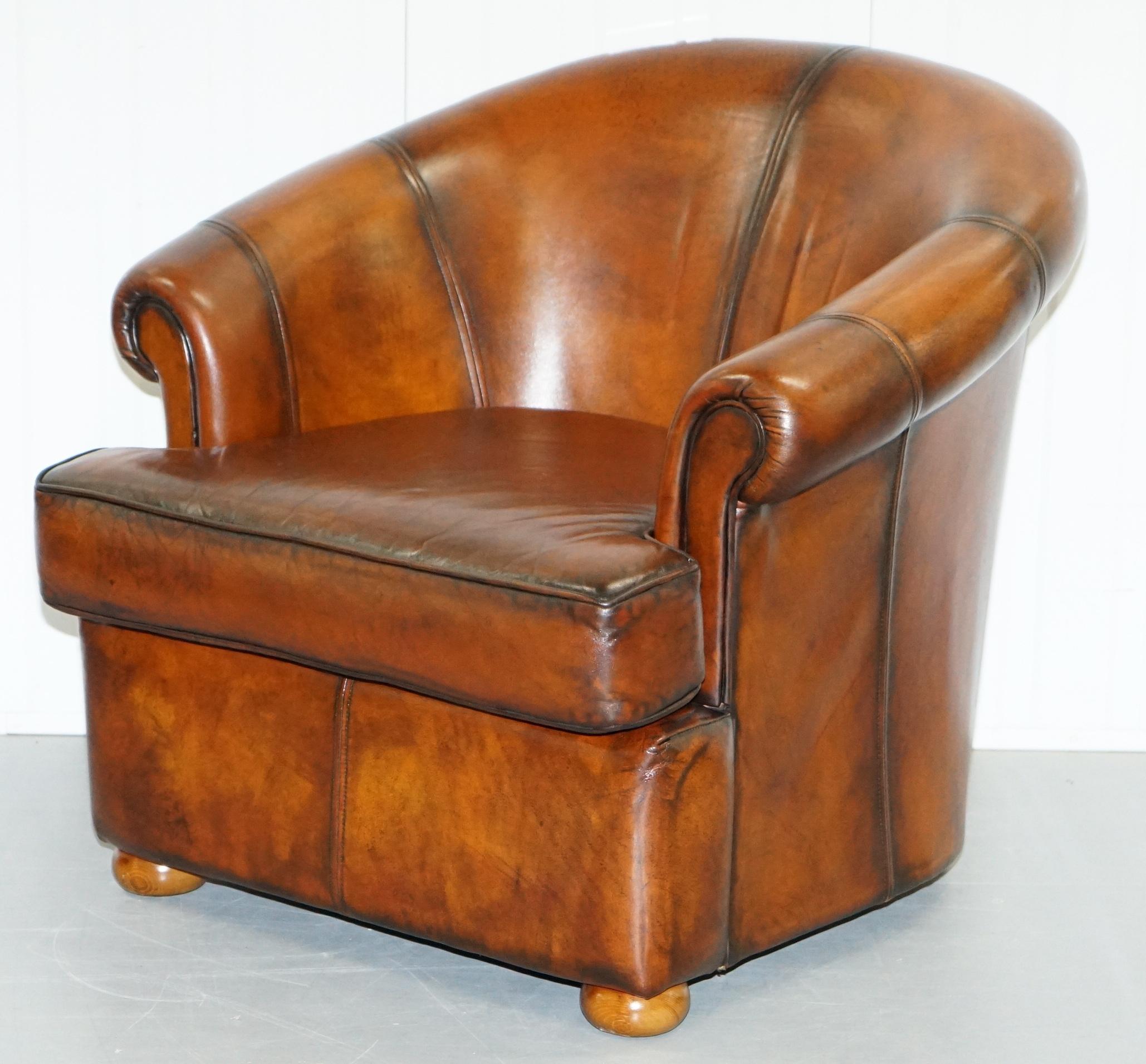 Pair of Fully Restored Whiskey Brown Leather Beauvale Furnishings Club Armchairs 7