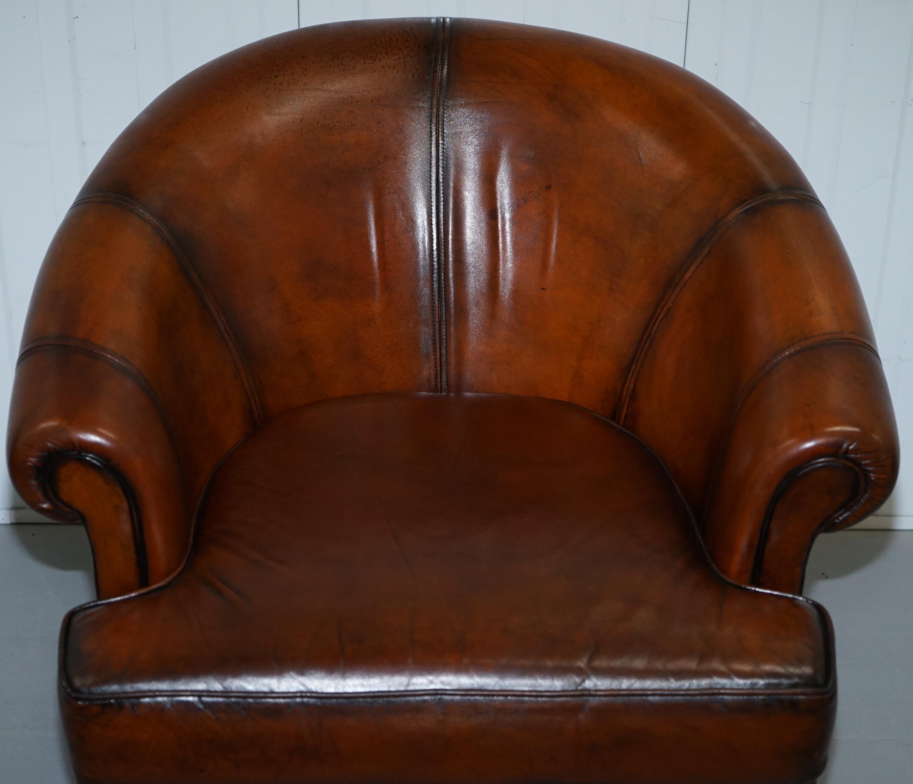Pair of Fully Restored Whiskey Brown Leather Beauvale Furnishings Club Armchairs 9