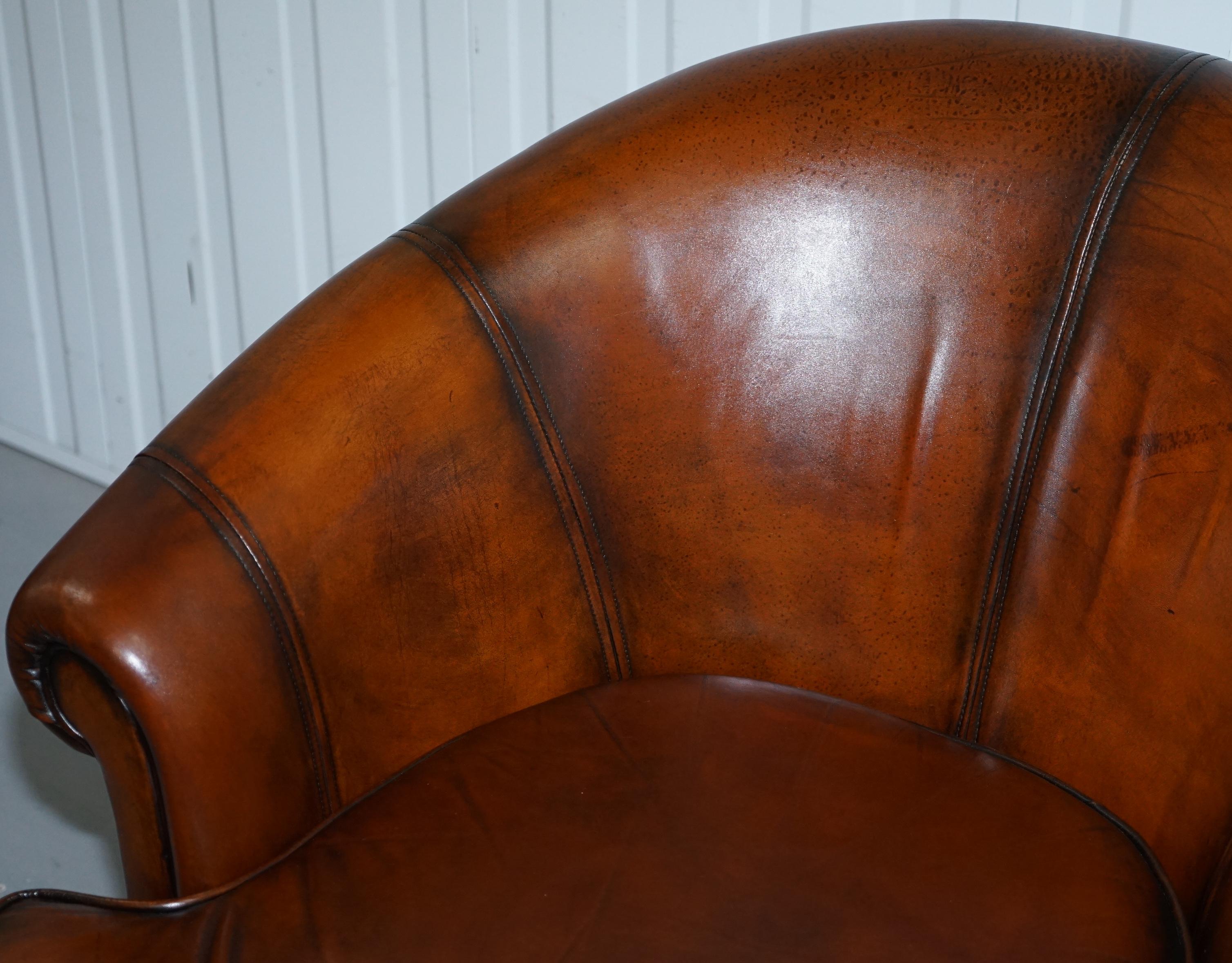 Pair of Fully Restored Whiskey Brown Leather Beauvale Furnishings Club Armchairs 10