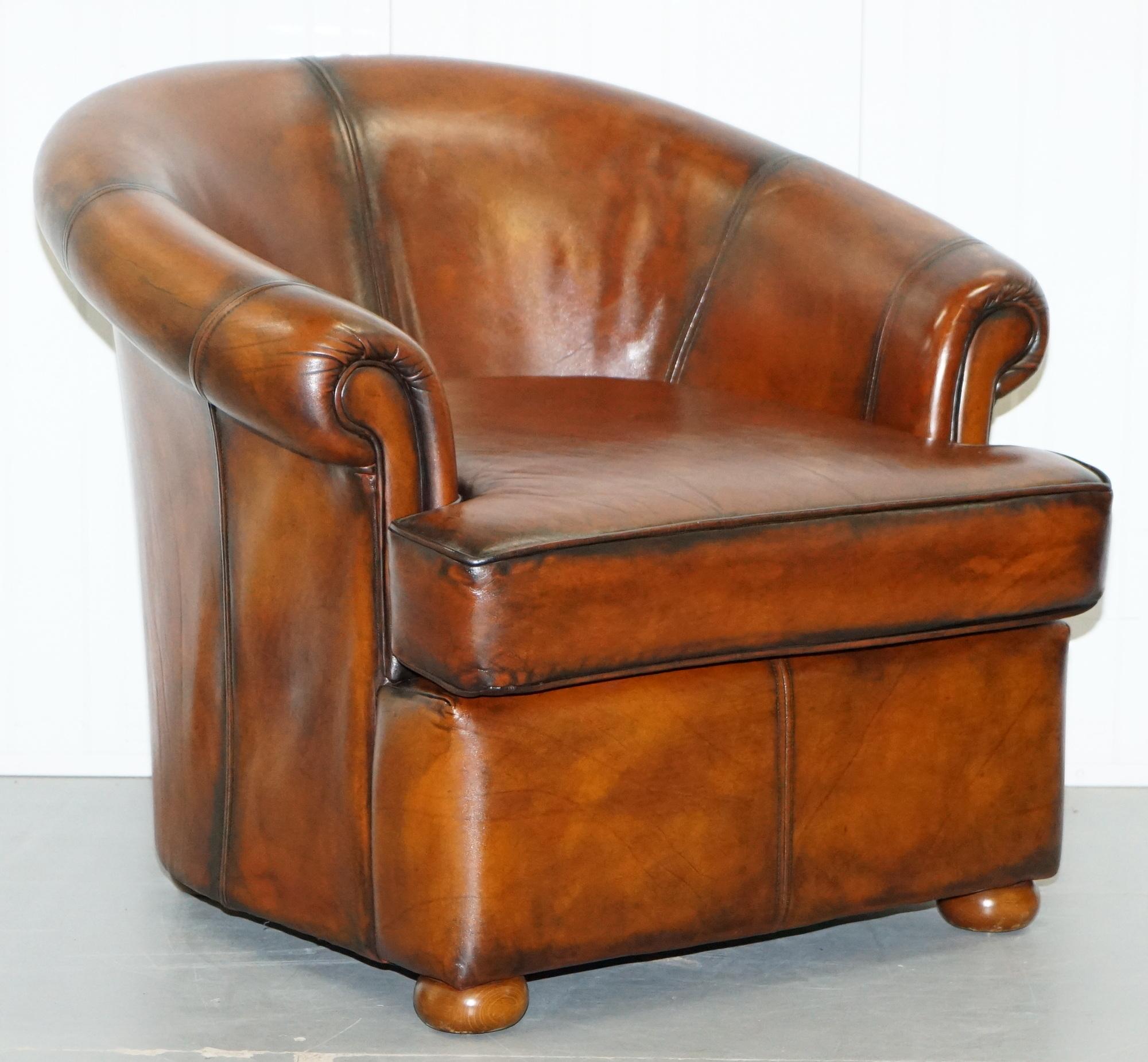 We are delighted to offer for sale this lovely pair of fully restored Beauvale furnishings club tub armchairs in hand dyed whisky brown leather 

A very good looking well made and exceptionally comfortable pair. This pair has been fully restored