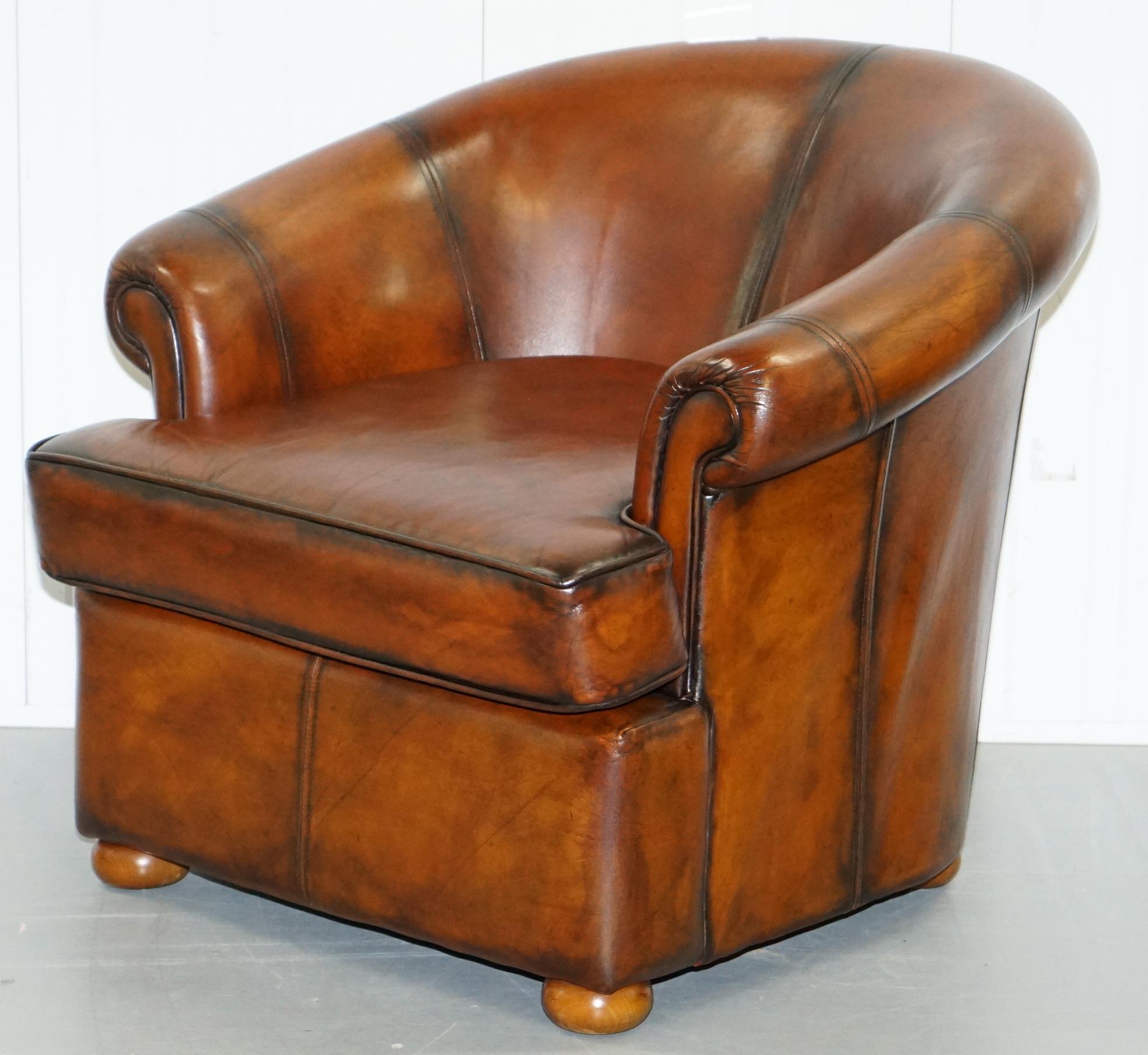 English Pair of Fully Restored Whiskey Brown Leather Beauvale Furnishings Club Armchairs