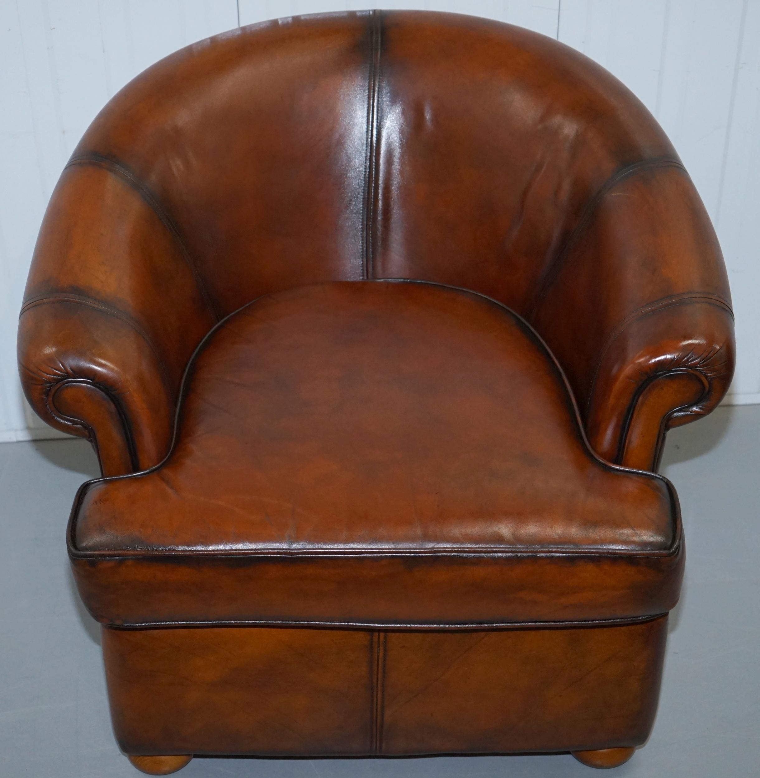Hand-Crafted Pair of Fully Restored Whiskey Brown Leather Beauvale Furnishings Club Armchairs