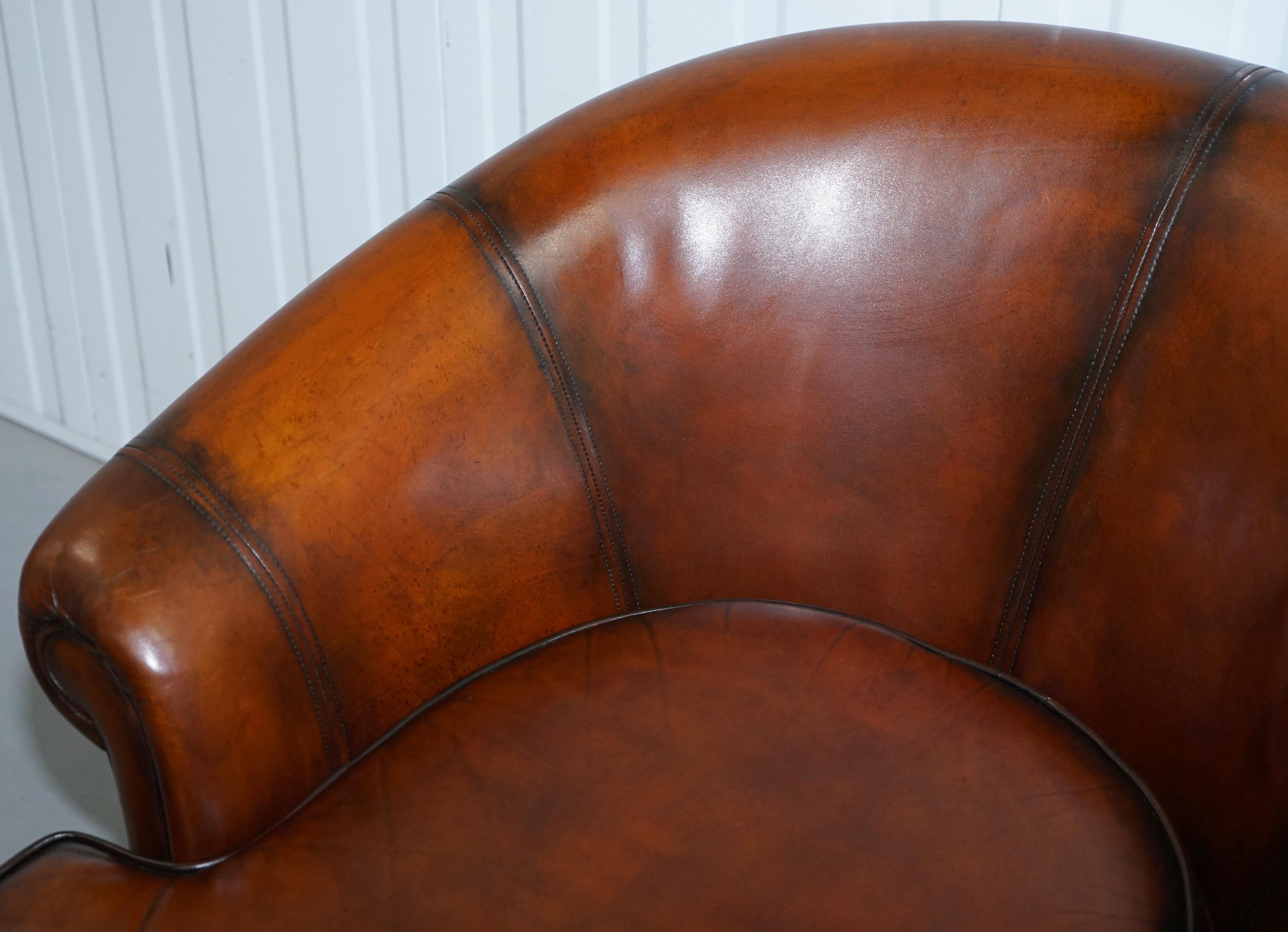 Pair of Fully Restored Whiskey Brown Leather Beauvale Furnishings Club Armchairs 1