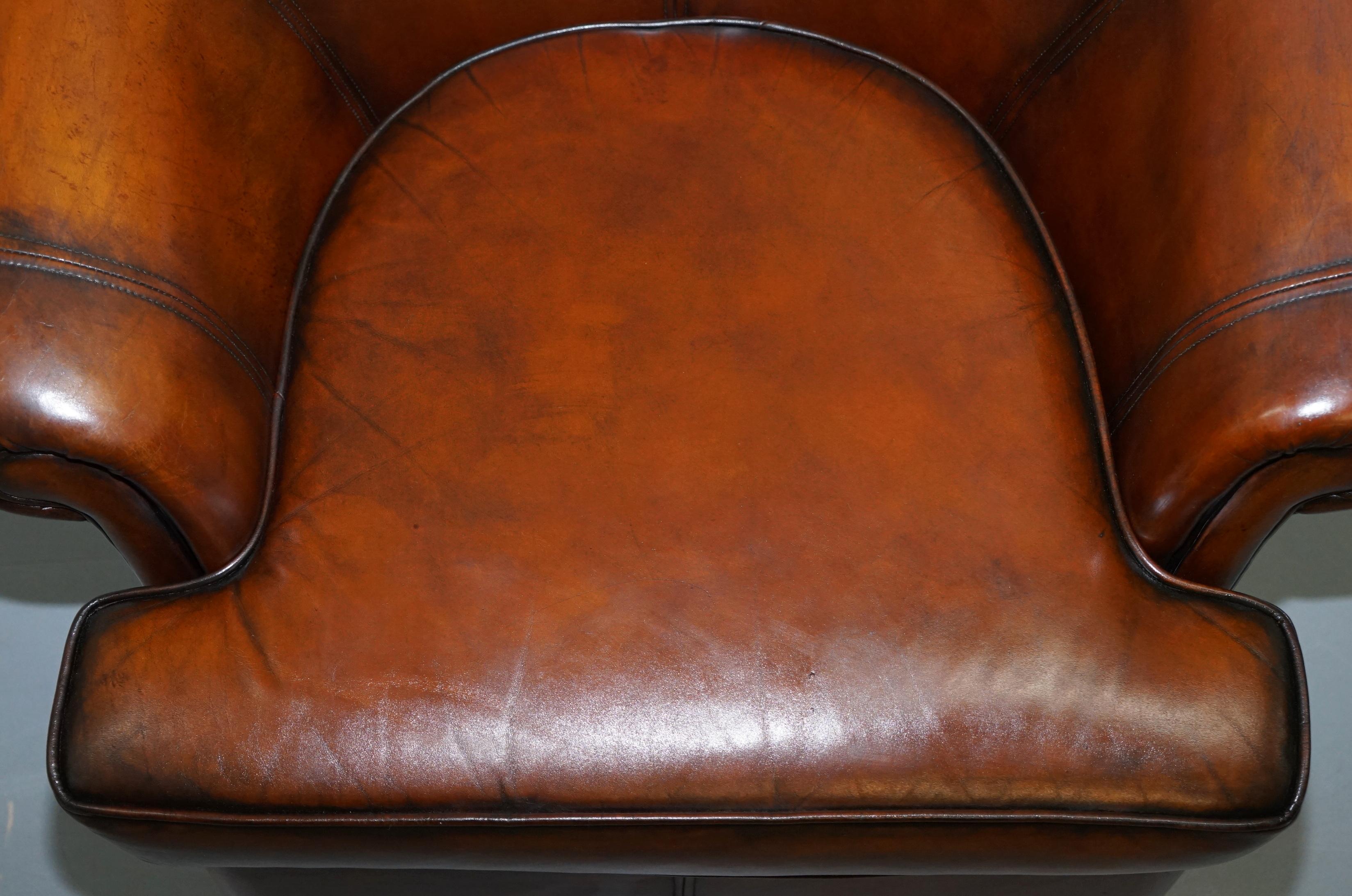 Pair of Fully Restored Whiskey Brown Leather Beauvale Furnishings Club Armchairs 2