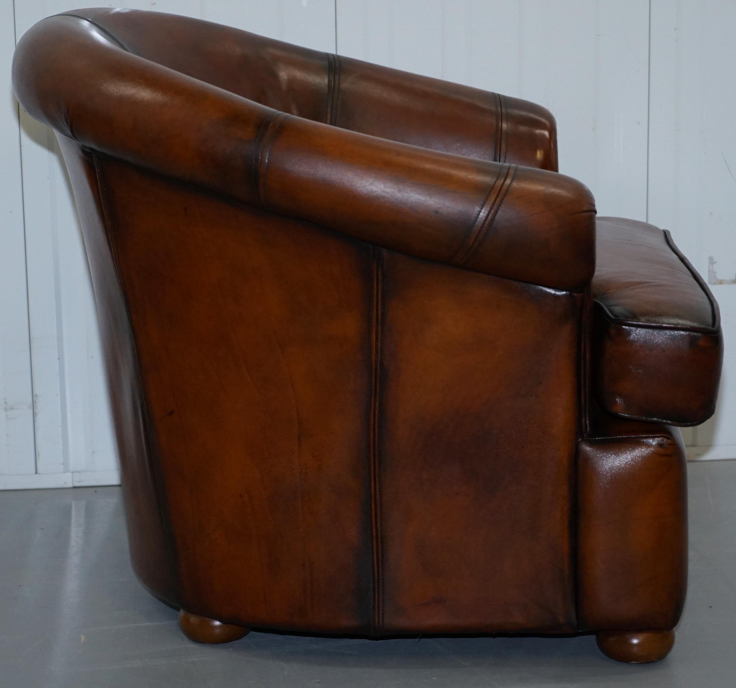 Pair of Fully Restored Whiskey Brown Leather Beauvale Furnishings Club Armchairs 2