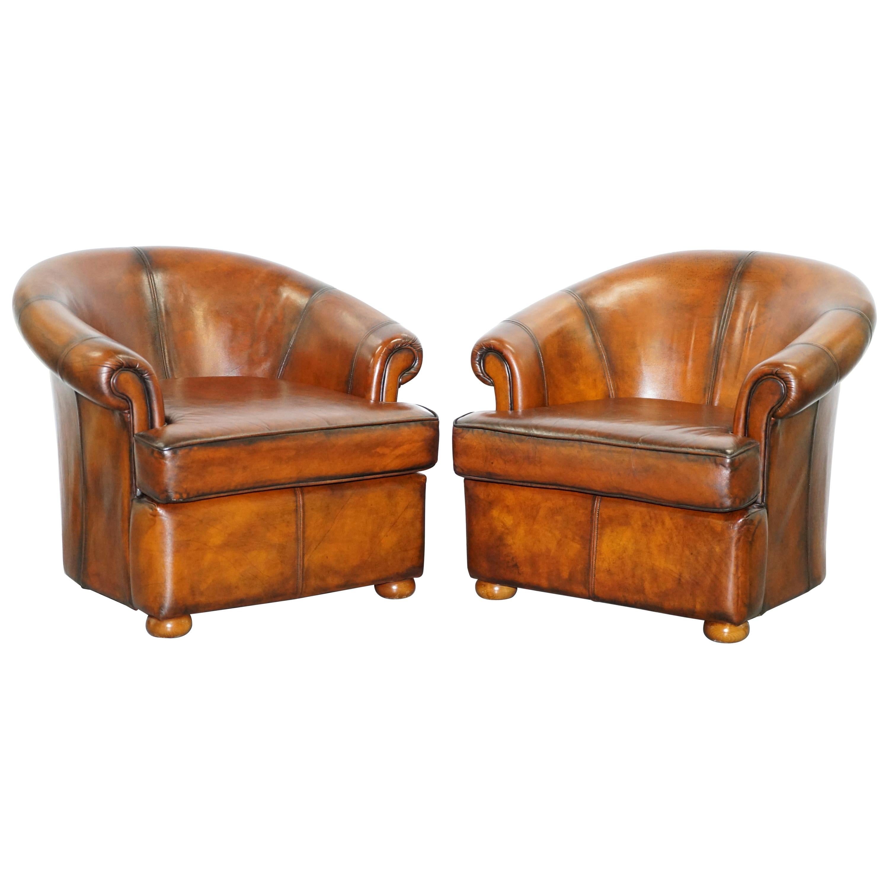 Pair of Fully Restored Whiskey Brown Leather Beauvale Furnishings Club Armchairs