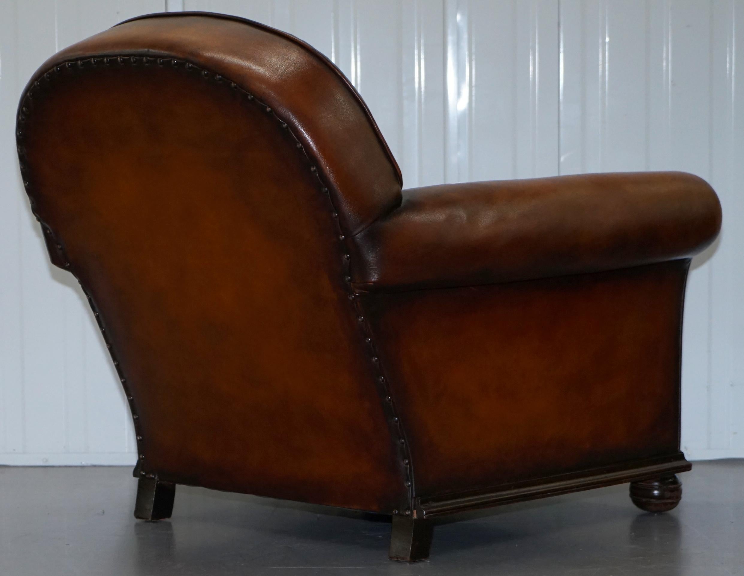 Pair of Fully Restored Whisky Brown Hand Dyed Leather Victorian Club Armchairs 3