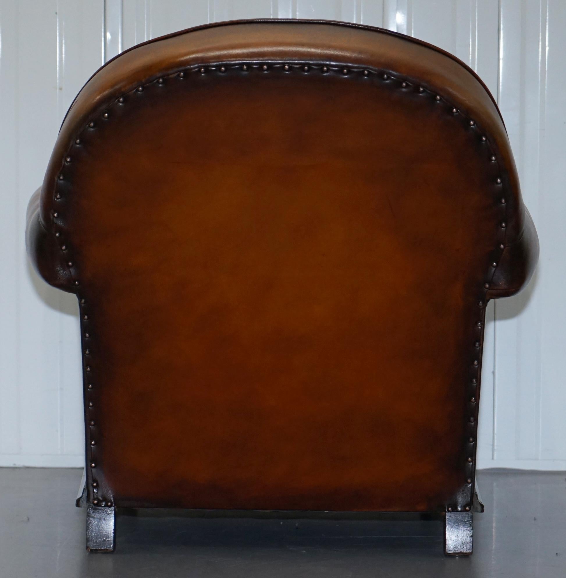 Pair of Fully Restored Whisky Brown Hand Dyed Leather Victorian Club Armchairs 4