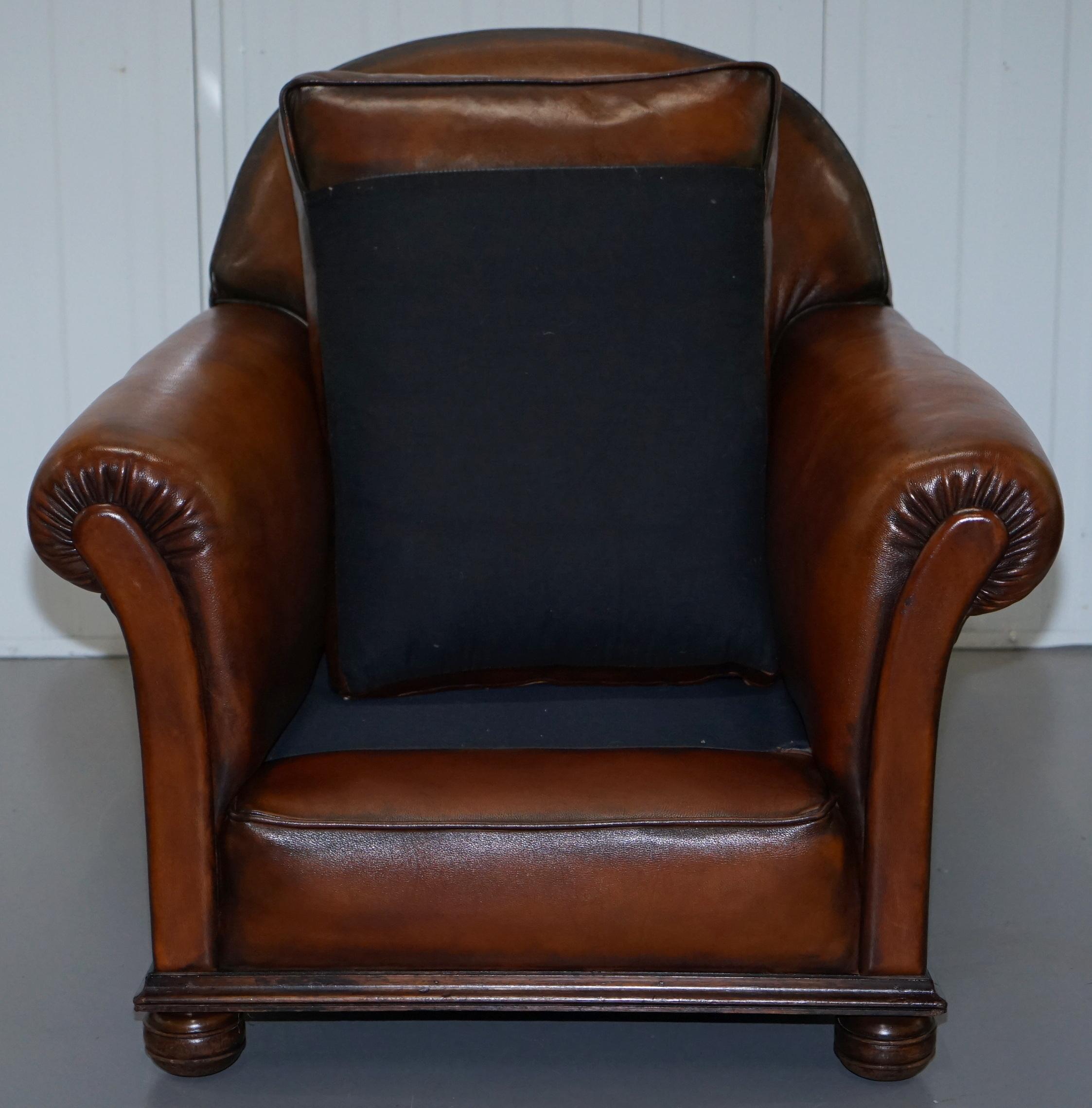 Pair of Fully Restored Whisky Brown Hand Dyed Leather Victorian Club Armchairs 5