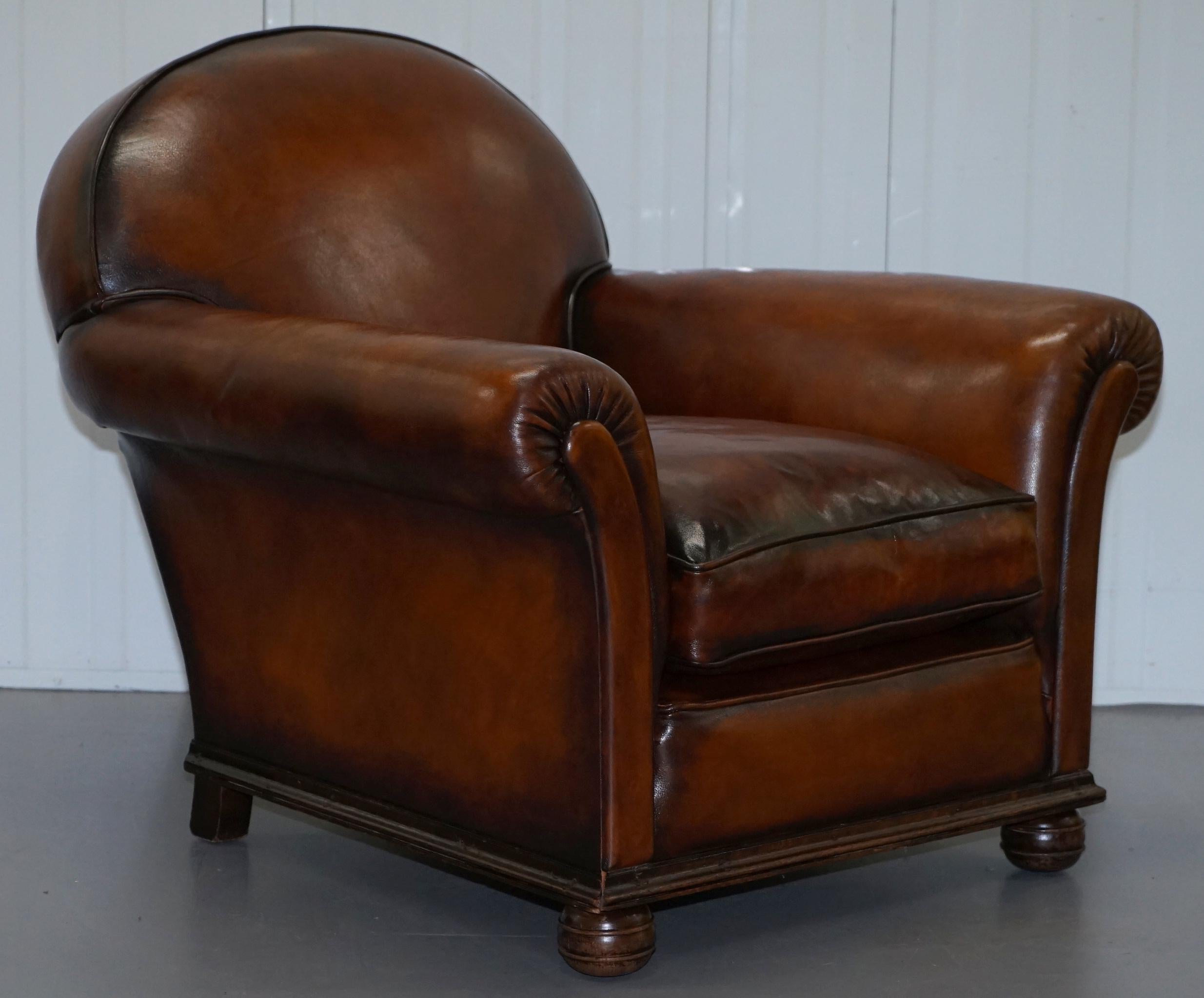 Pair of Fully Restored Whisky Brown Hand Dyed Leather Victorian Club Armchairs 7