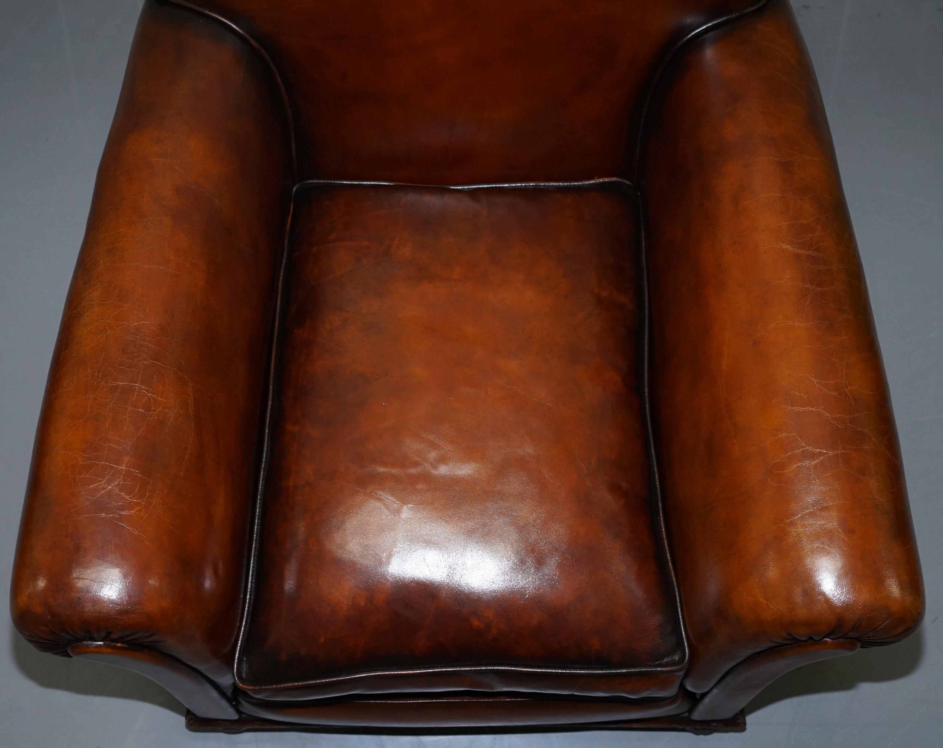 Pair of Fully Restored Whisky Brown Hand Dyed Leather Victorian Club Armchairs 11