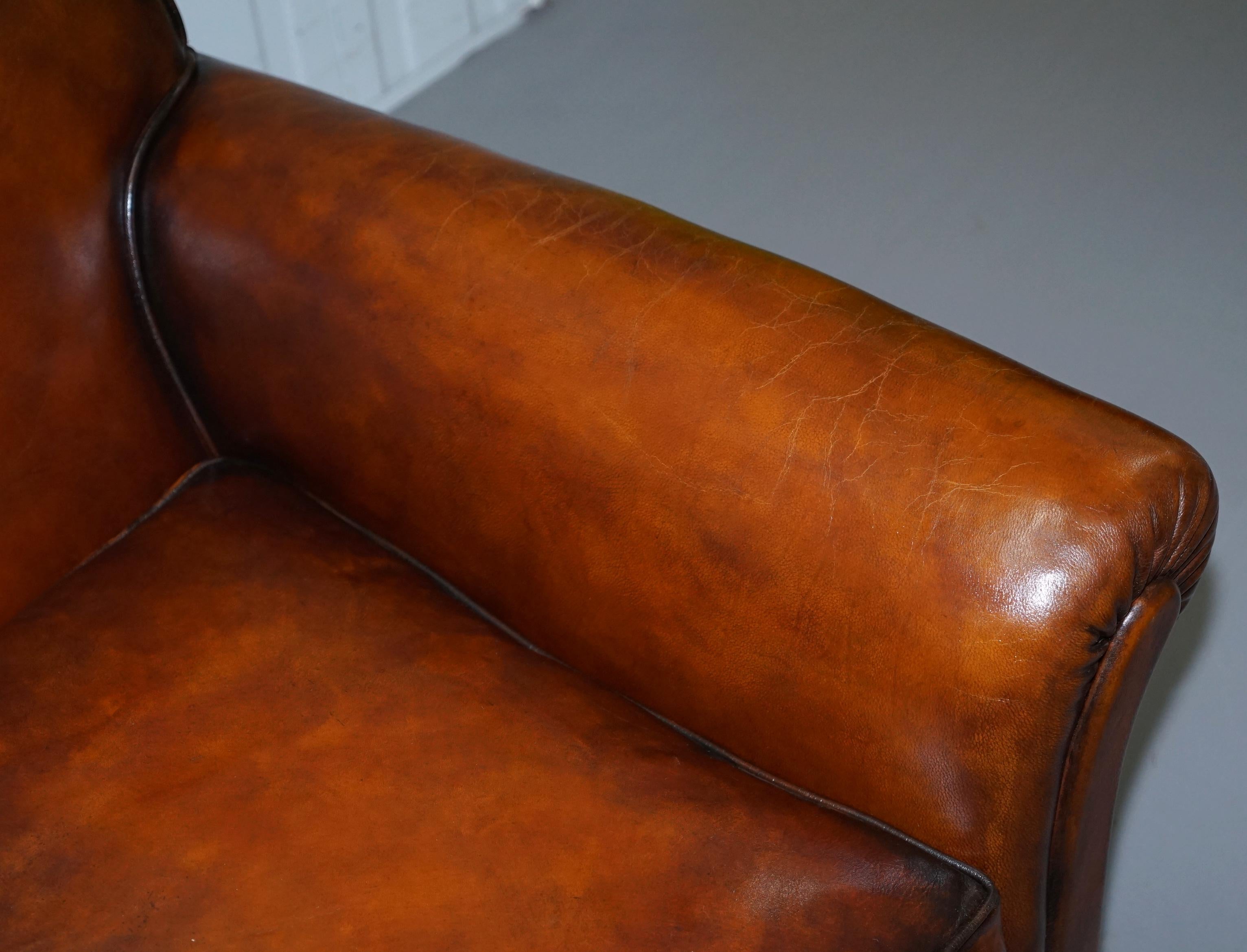 Pair of Fully Restored Whisky Brown Hand Dyed Leather Victorian Club Armchairs 12