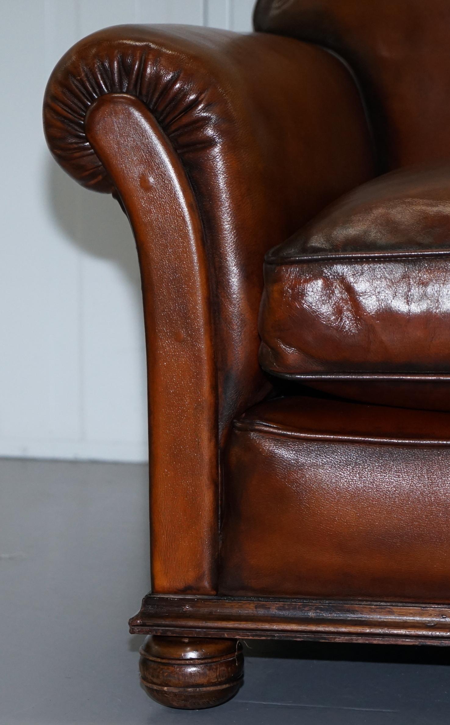 Pair of Fully Restored Whisky Brown Hand Dyed Leather Victorian Club Armchairs 1