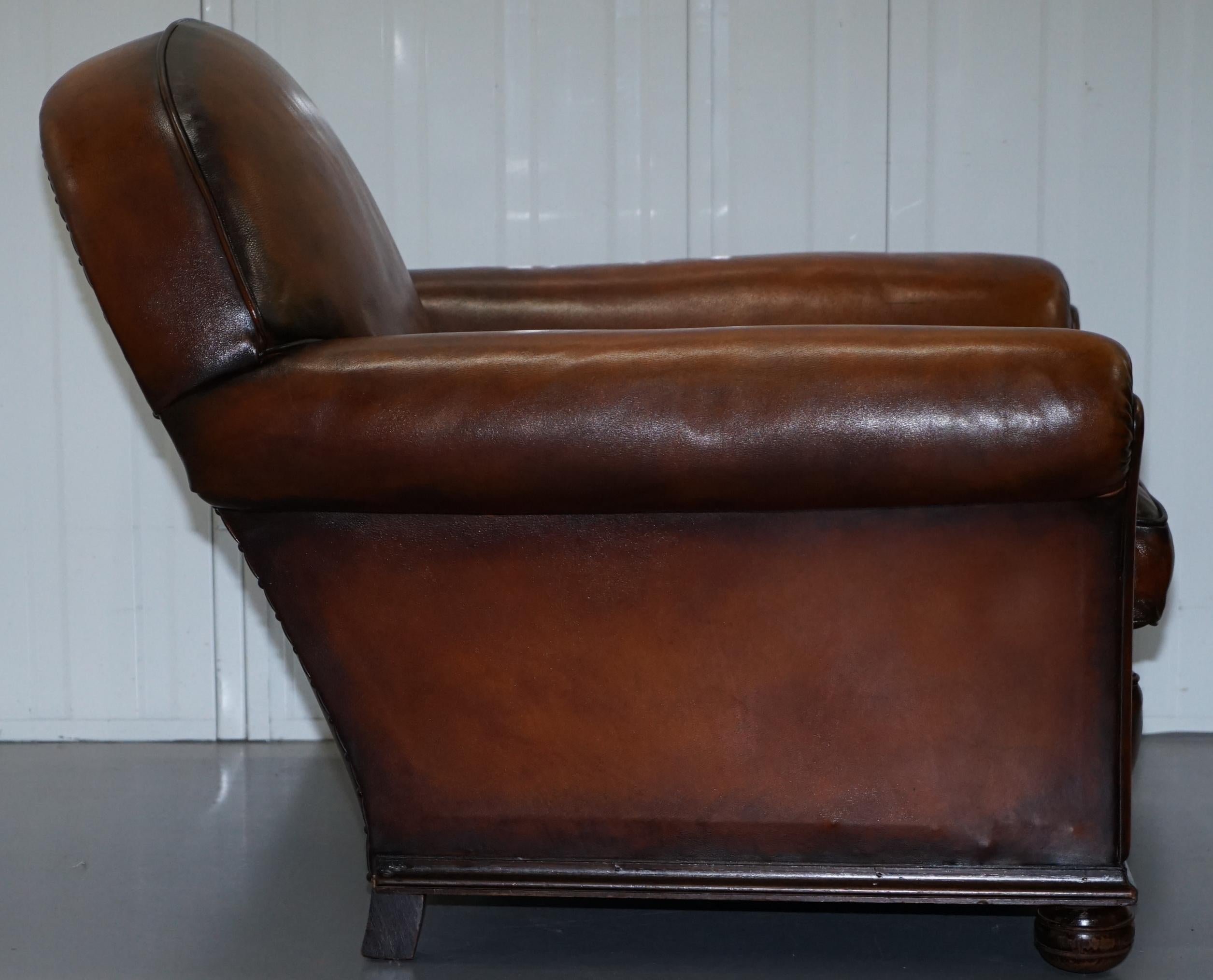 Pair of Fully Restored Whisky Brown Hand Dyed Leather Victorian Club Armchairs 2