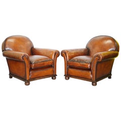 Antique Pair of Fully Restored Whisky Brown Hand Dyed Leather Victorian Club Armchairs