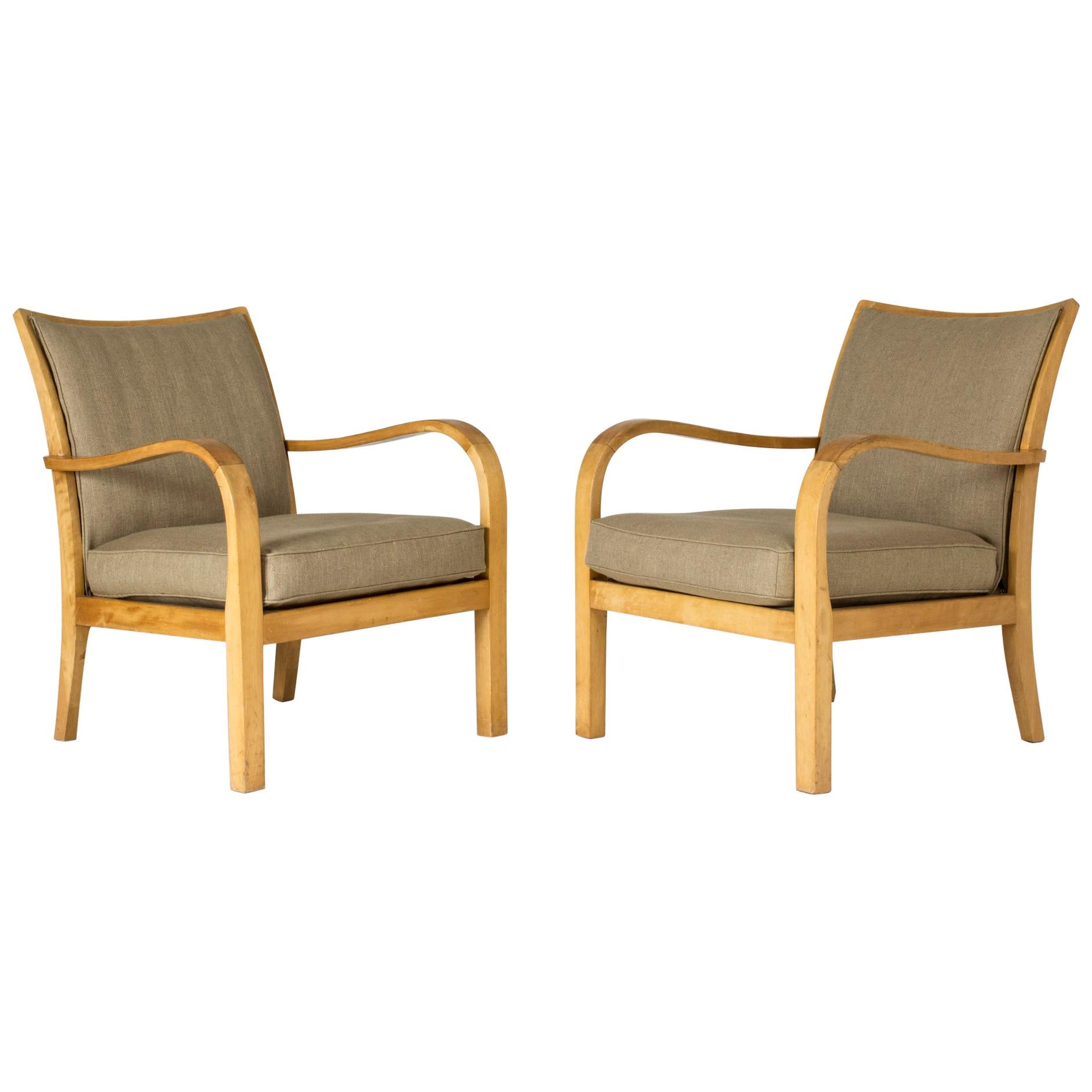 Pair of Functionalist Birch and Linen Lounge Chairs by Axel Larsson for Bodafors