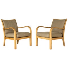 Pair of Functionalist Birch and Linen Lounge Chairs by Axel Larsson for Bodafors