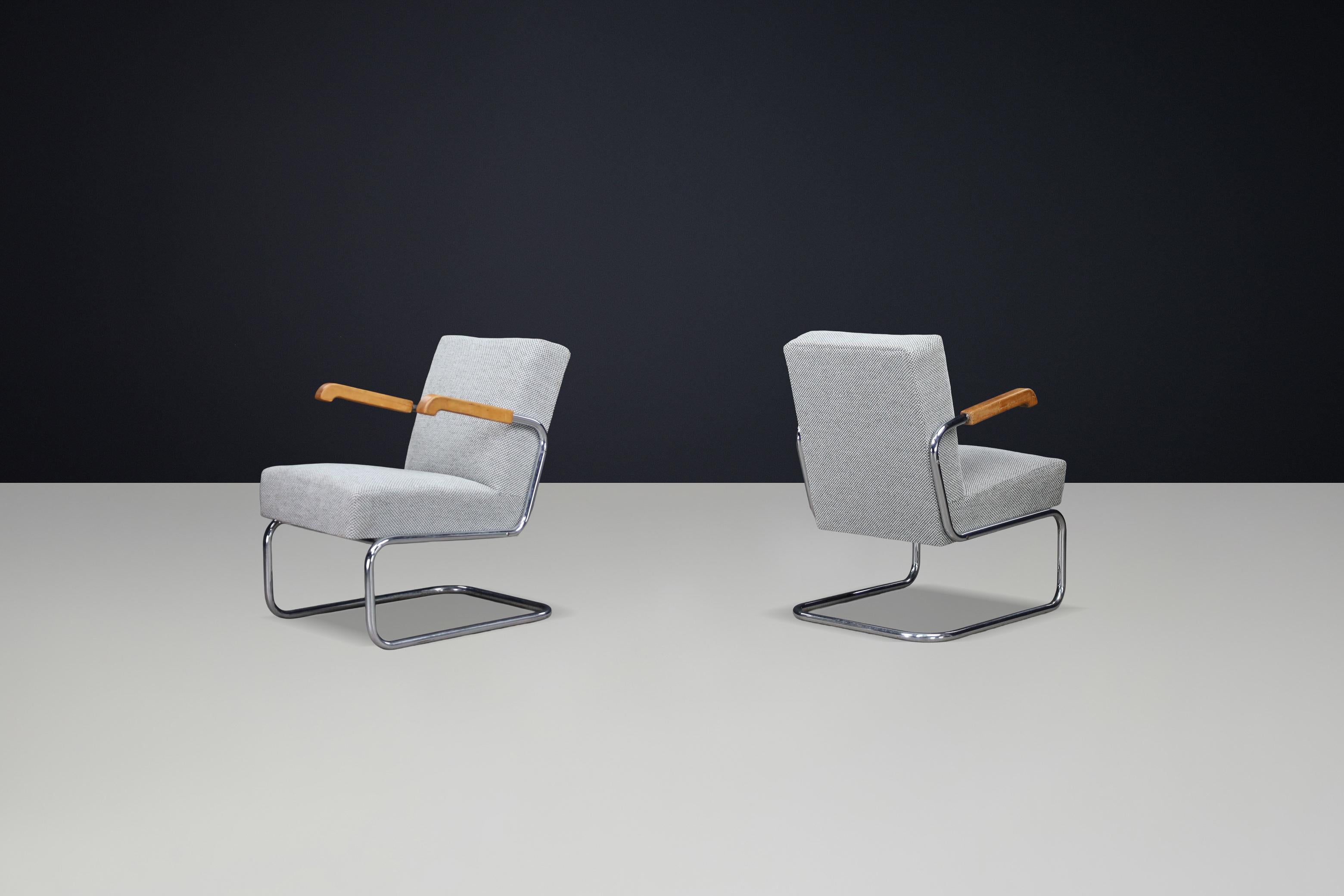 Bauhaus Paire de fauteuils luge fonctionnalistes avec accoudoirs en bois, Cz 1930 en vente