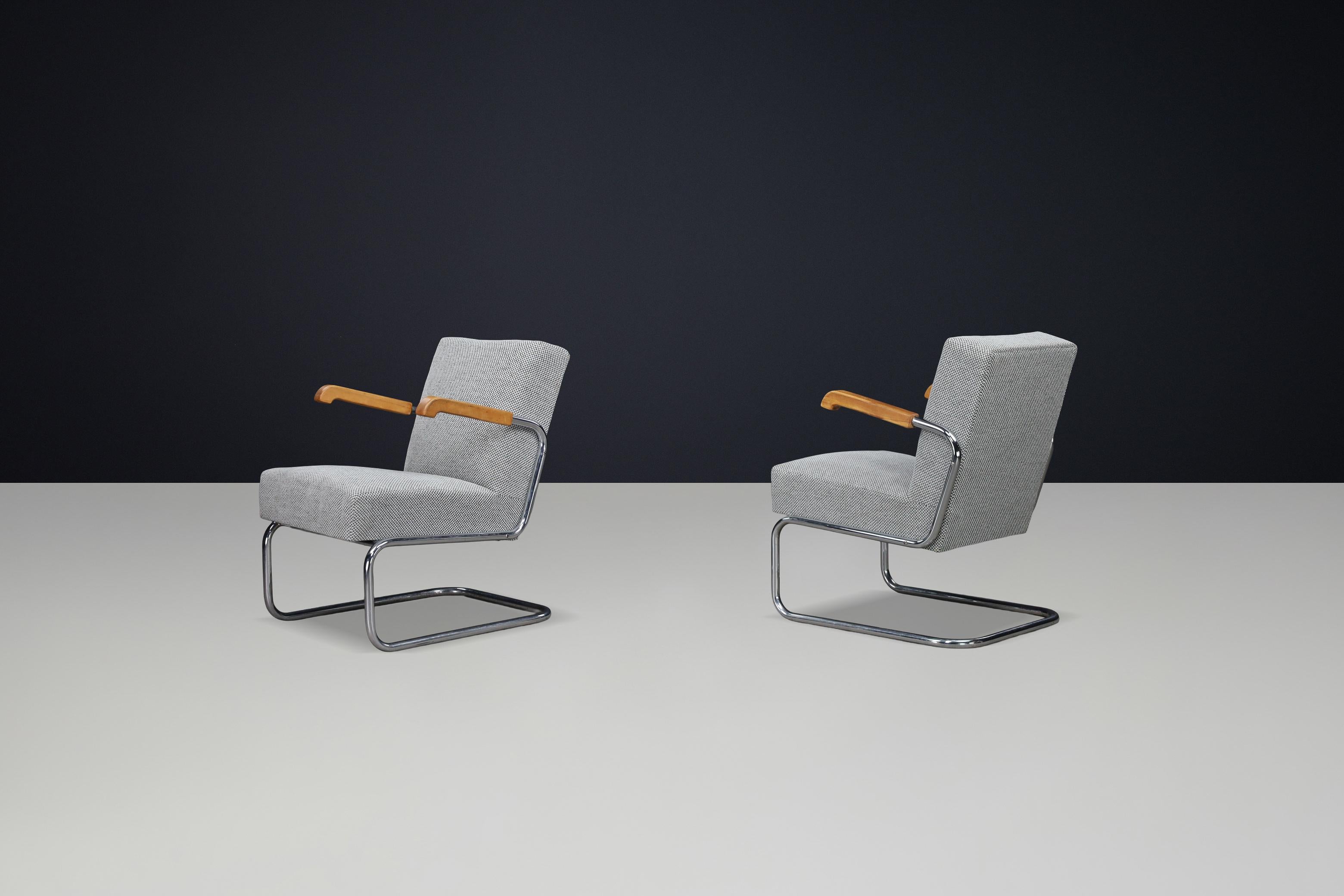 Tchèque Paire de fauteuils luge fonctionnalistes avec accoudoirs en bois, Cz 1930 en vente