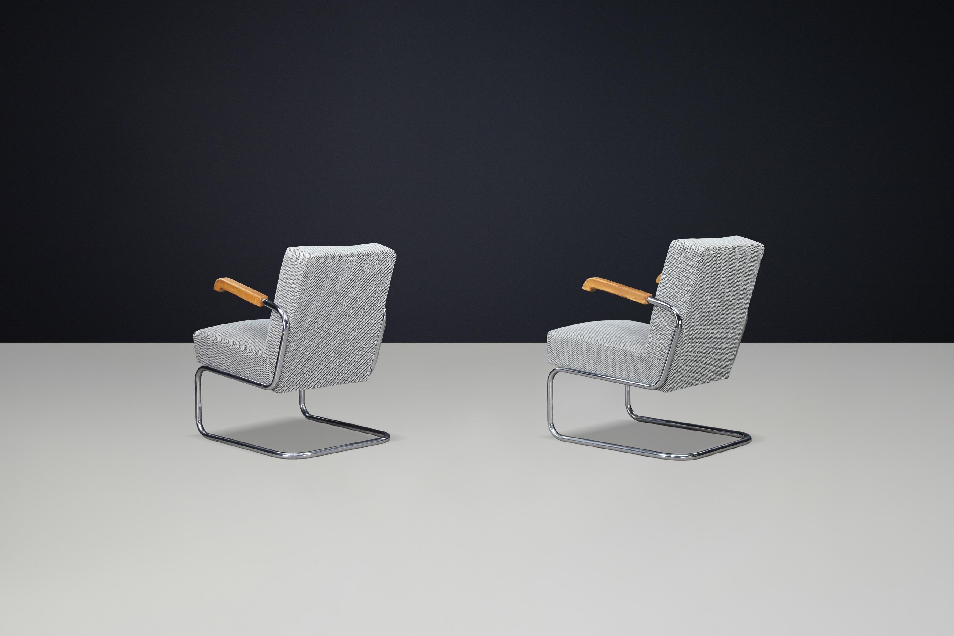 Paire de fauteuils luge fonctionnalistes avec accoudoirs en bois, Cz 1930 Bon état - En vente à Almelo, NL