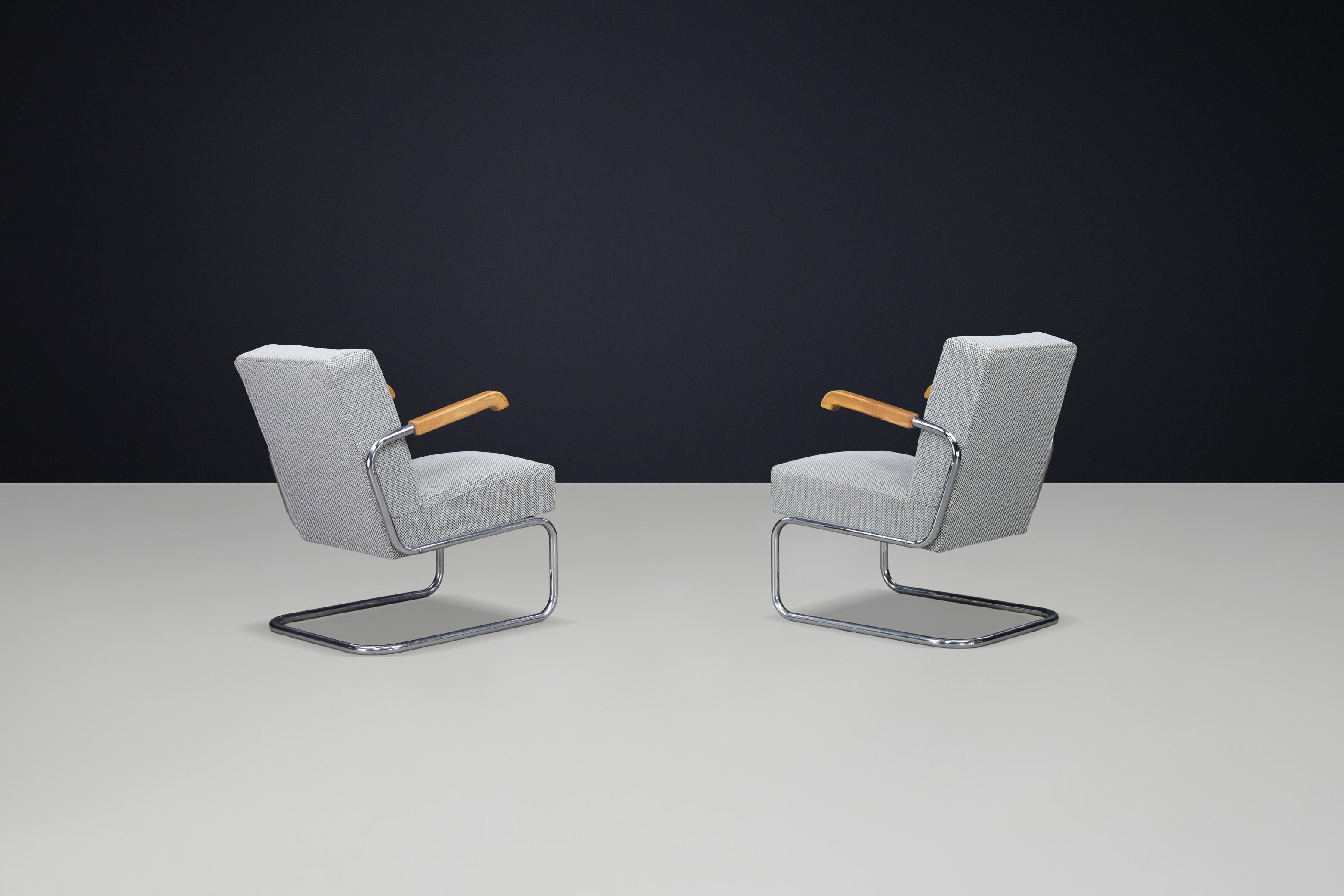 20ième siècle Paire de fauteuils luge fonctionnalistes avec accoudoirs en bois, Cz 1930 en vente