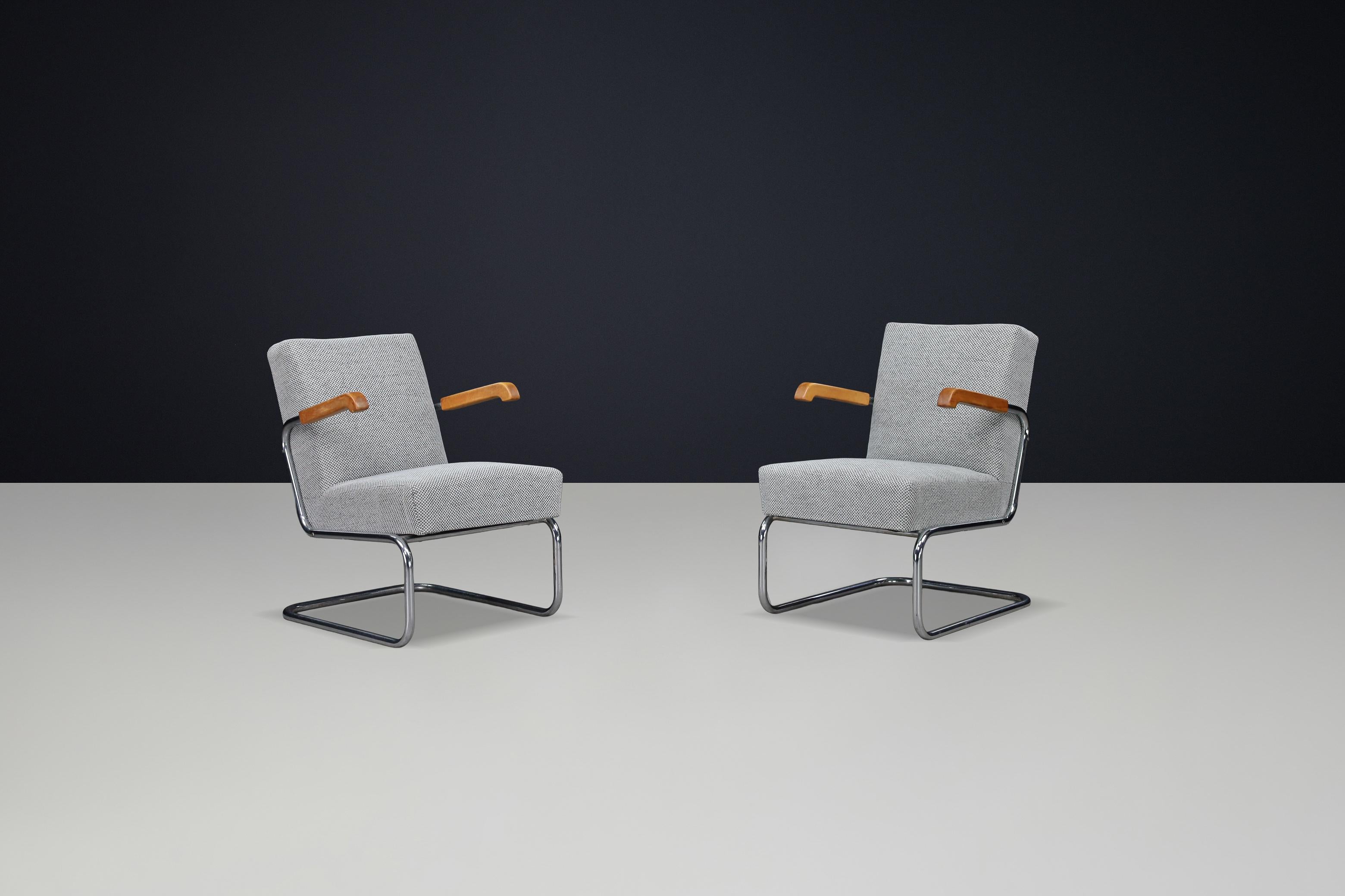 Tissu d'ameublement Paire de fauteuils luge fonctionnalistes avec accoudoirs en bois, Cz 1930 en vente