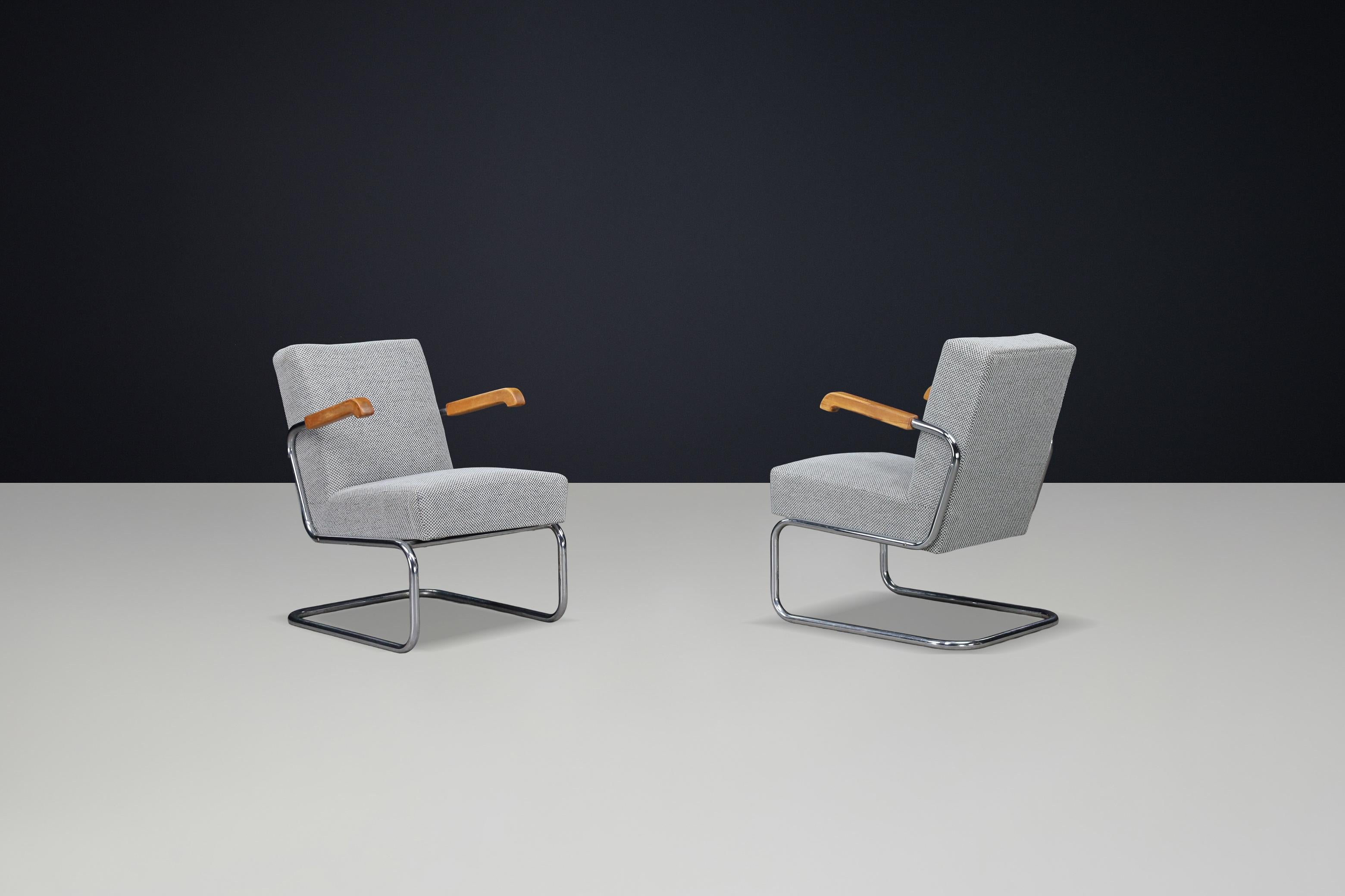 Paire de fauteuils luge fonctionnalistes avec accoudoirs en bois, Cz 1930 en vente 1