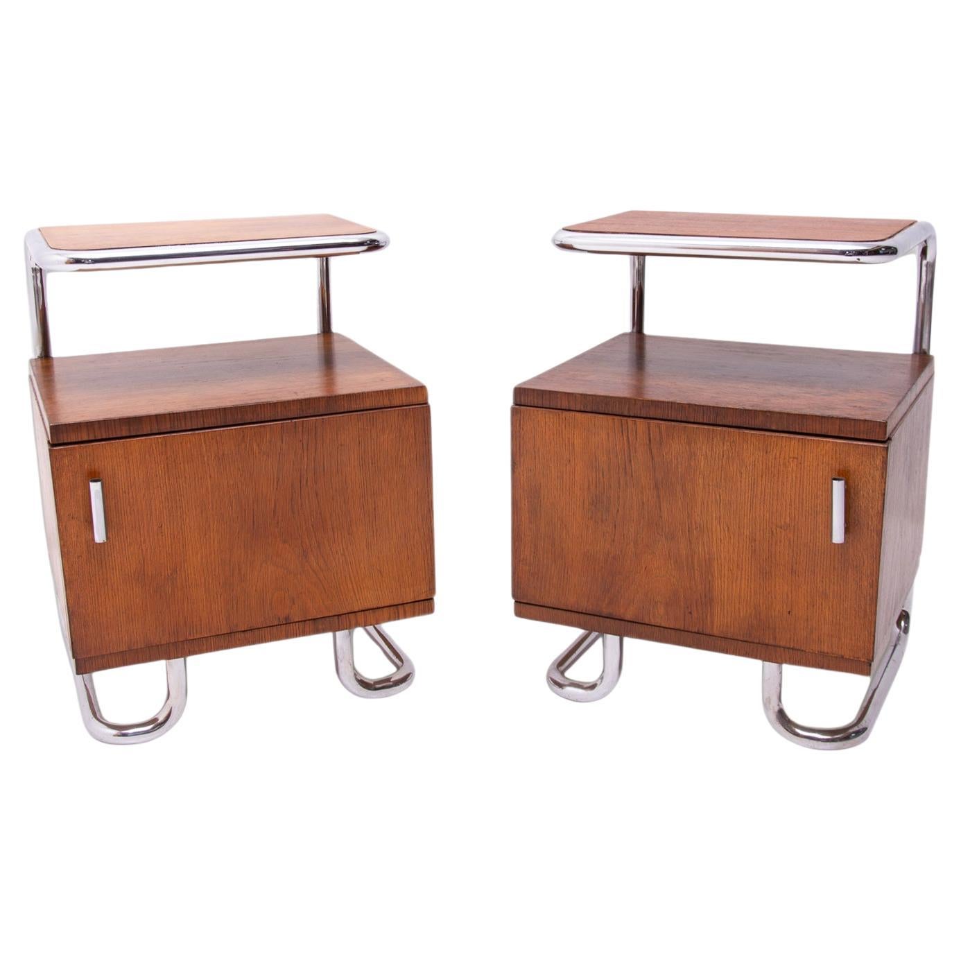 Paire de tables de nuit chromées fonctionnalistes par Vichr & spol, années 1950, Tchécoslovaquie en vente