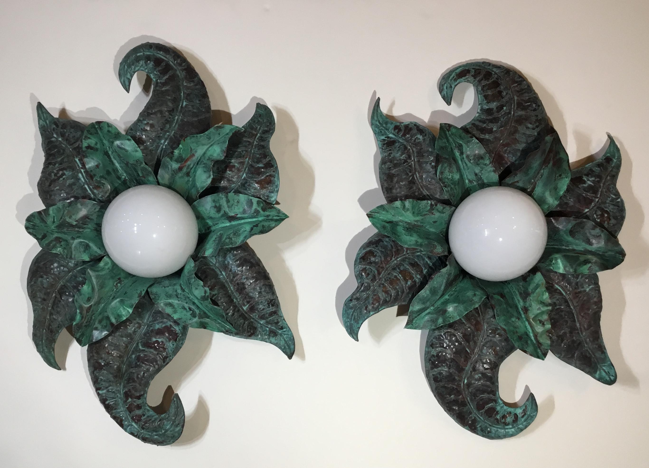 Milk Glass Pair of Funky Copper Wall Sconces For Sale