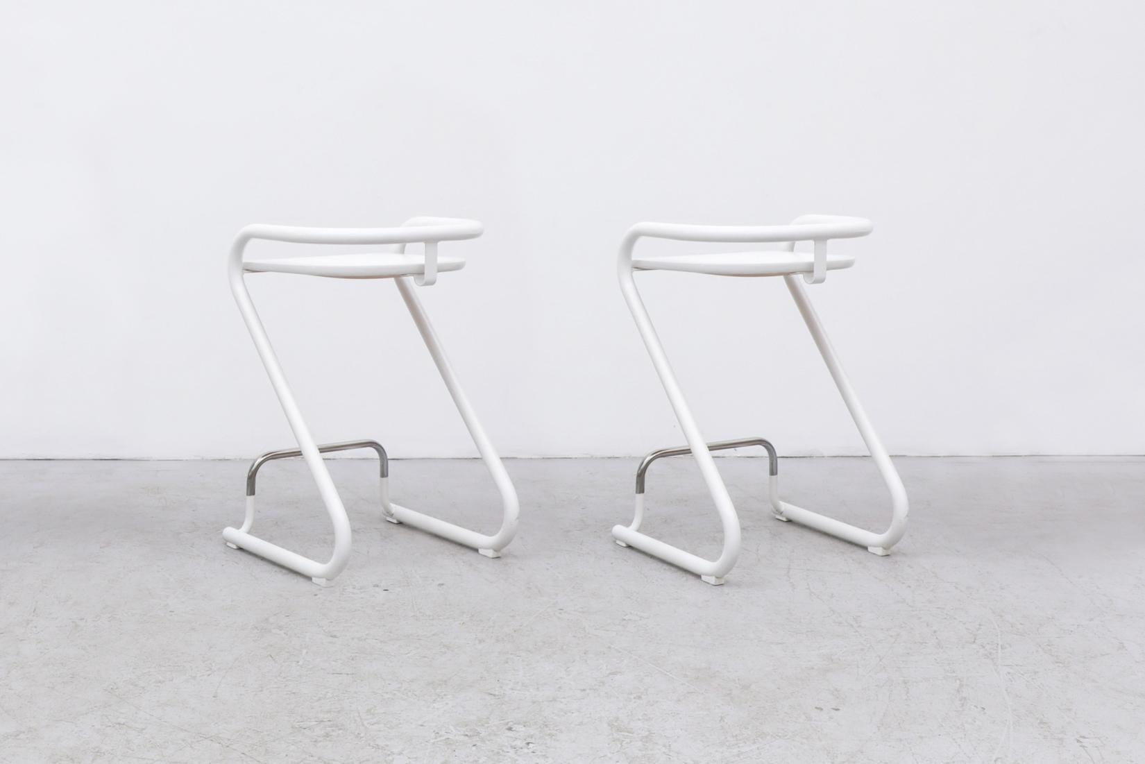 Model S70-3 Stools by Borge Lindau & Bo Lindekrantz, 1960's. Funky white enameled tubular framed bar stools with chromed foot rest and painted white seats. They have been lightly touched up and are in otherwise original condition with normal wear