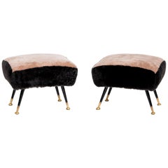 Pair of Fur and Brass Bi-Color Stools, Italy, Mid-20th Century