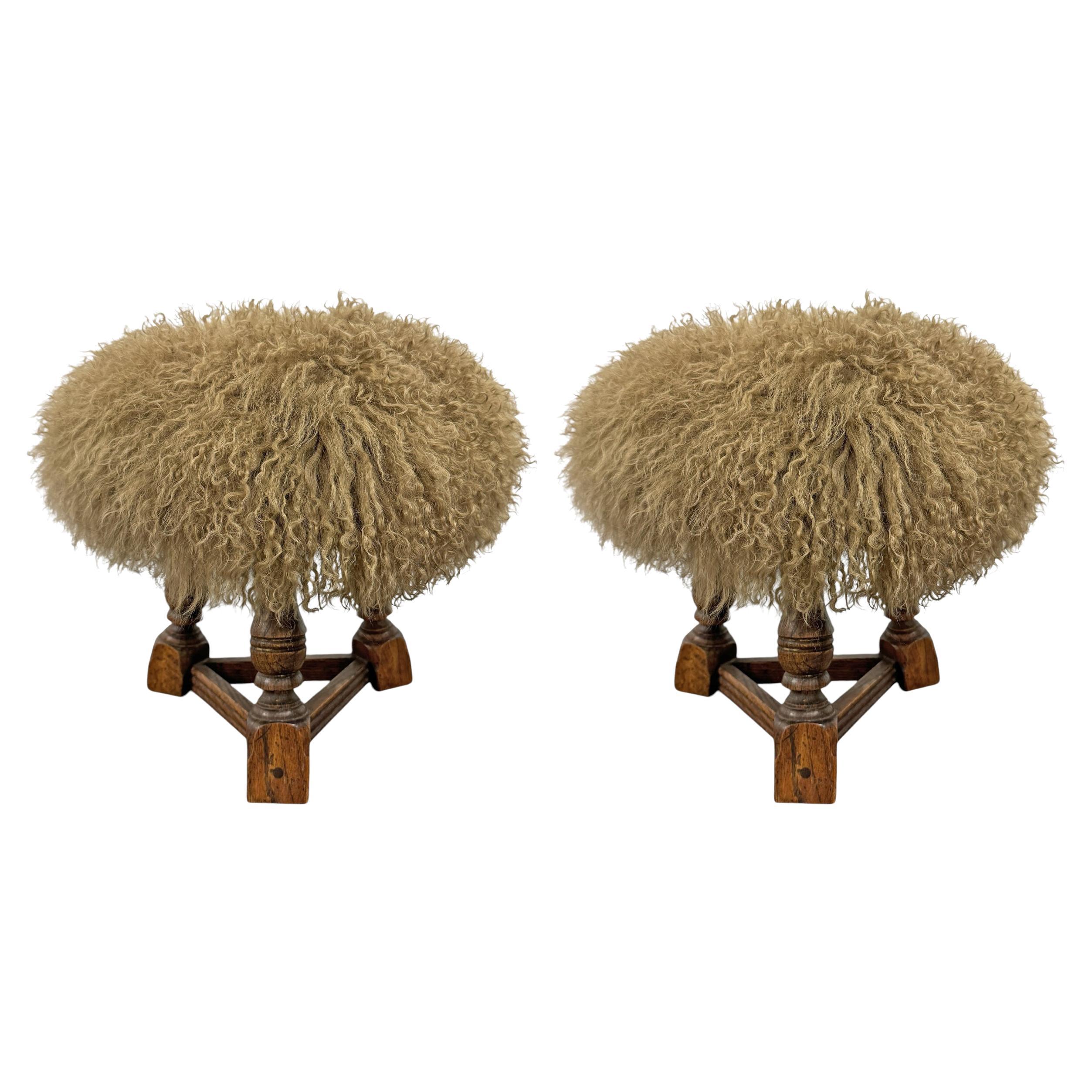 Pair of Fur Covered English Stools For Sale