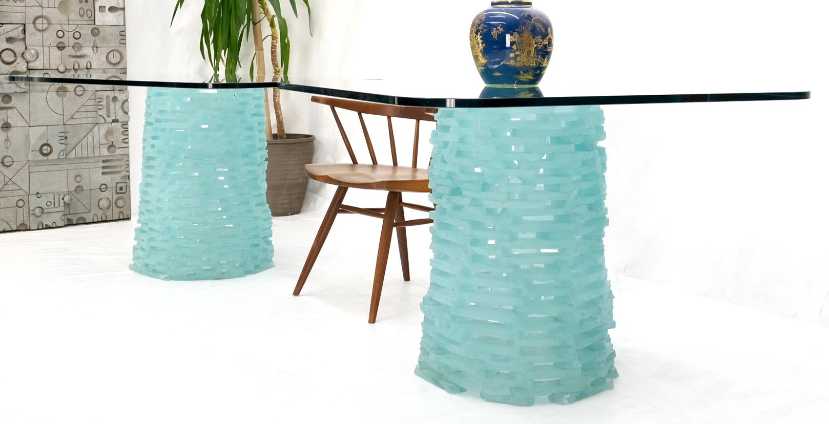 Mid-Century Modern Pair of Fused Glass Blocks Pedestal Bases Rounded Square Tops Dining Game Table For Sale