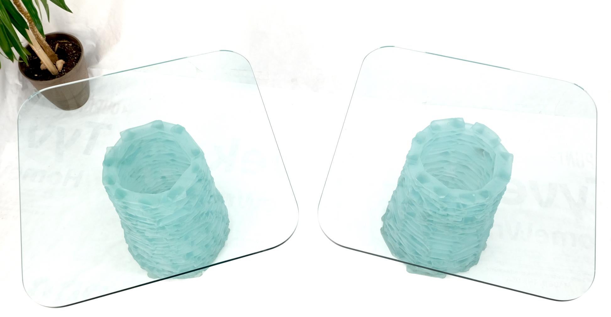 20th Century Pair of Fused Glass Blocks Pedestal Bases Rounded Square Tops Dining Game Table For Sale