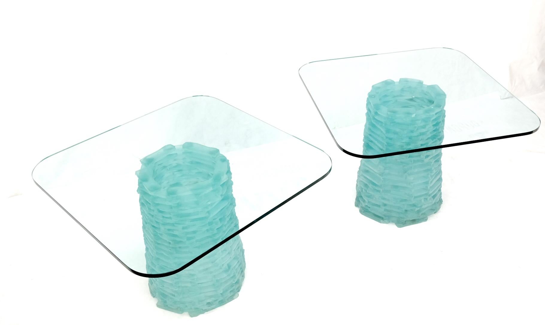 Pair of Fused Glass Blocks Pedestal Bases Rounded Square Tops Dining Game Table For Sale 1